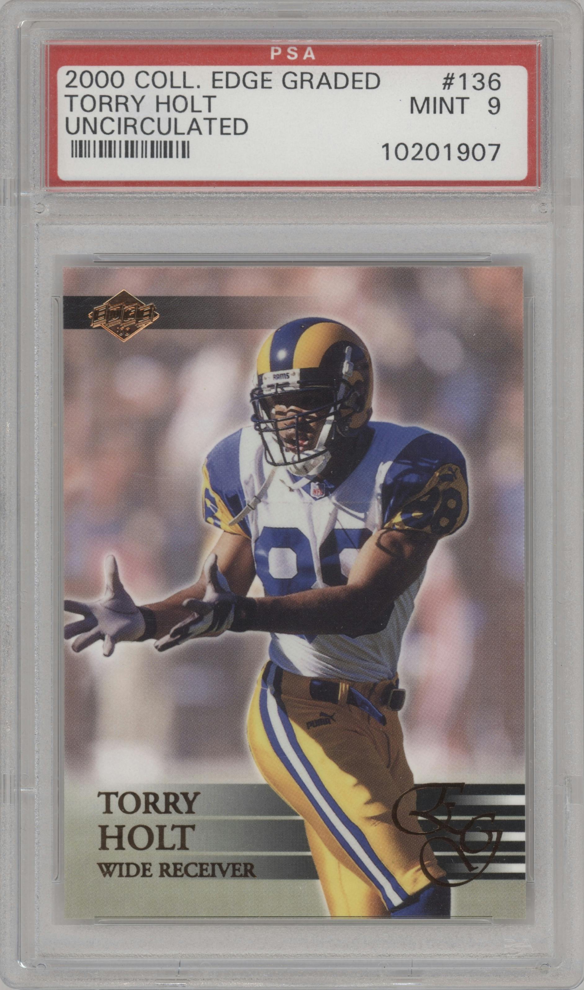 Torry Holt from the 2000 Collector's Edge EG set featuring a Uncirculated parallel graded by PSA and given an overall grade of 9.