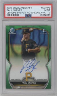 Paul Skenes from the 2023 Bowman Draft set featuring a Green Lava Refractor parallel graded by PSA and given an overall grade of 9.
