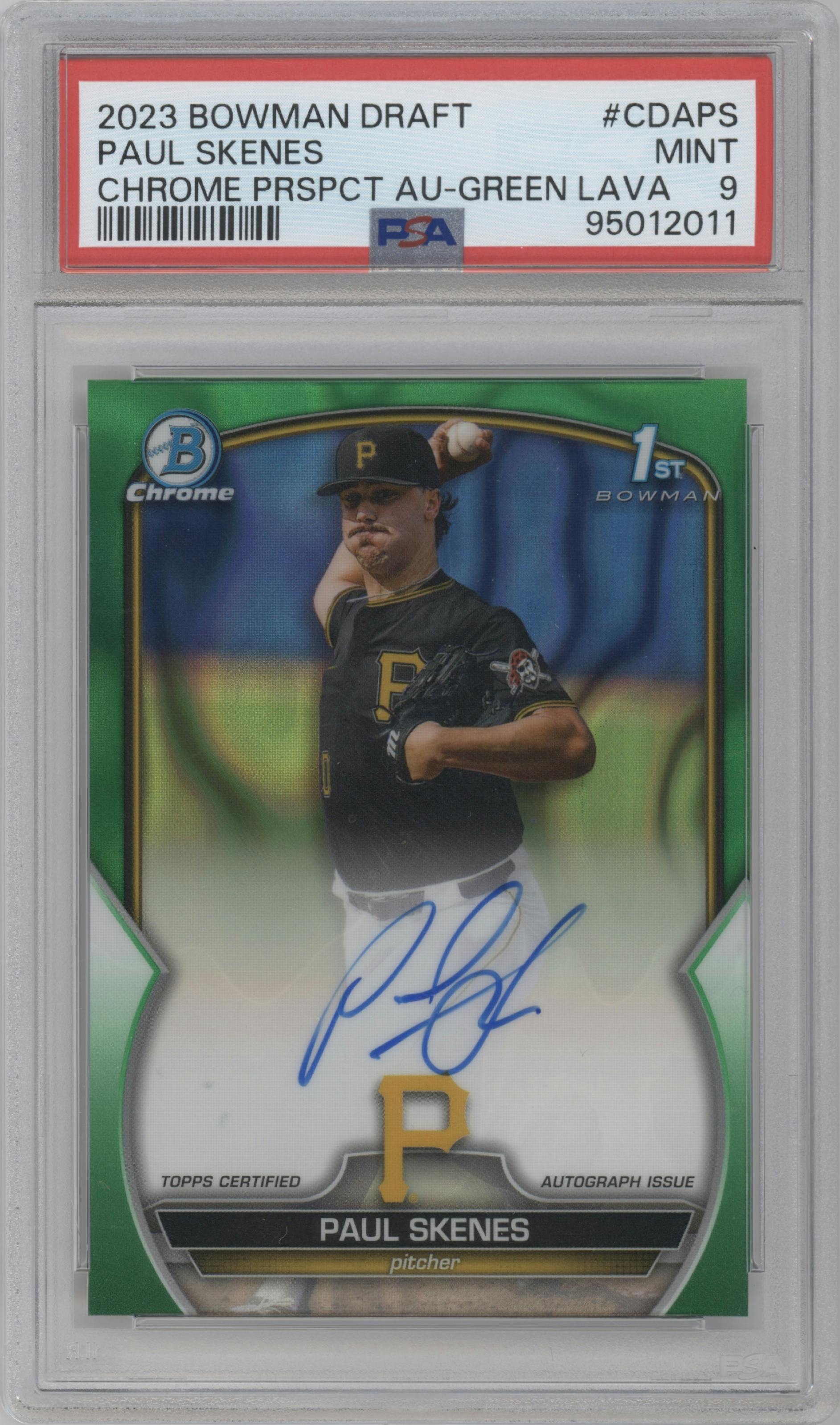 Paul Skenes from the 2023 Bowman Draft set featuring a Green Lava Refractor parallel graded by PSA and given an overall grade of 9.