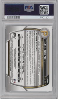 Paul Skenes from the 2023 Bowman Draft set featuring a Green Lava Refractor parallel graded by PSA and given an overall grade of 9.