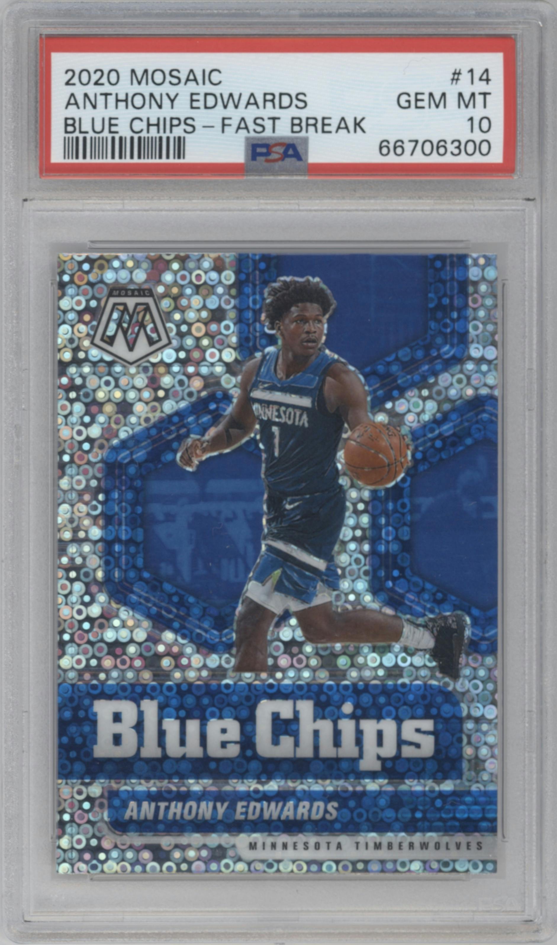 Anthony Edwards from the 2020-21 Panini Mosaic set featuring a Fast Break parallel graded by PSA and given an overall grade of 10.