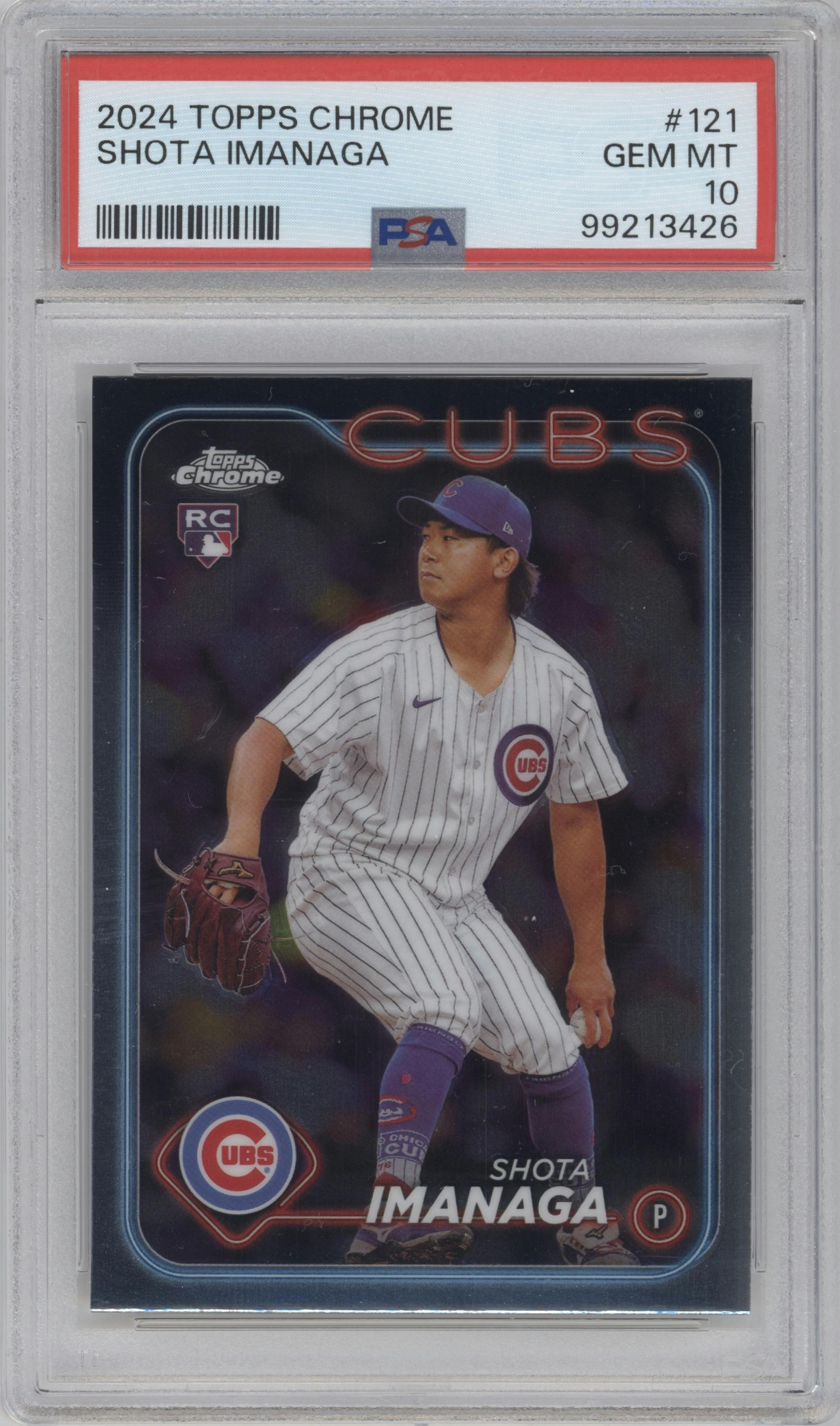 Shota Imanaga from the 2024 Topps Chrome set graded by PSA and given an overall grade of 10.