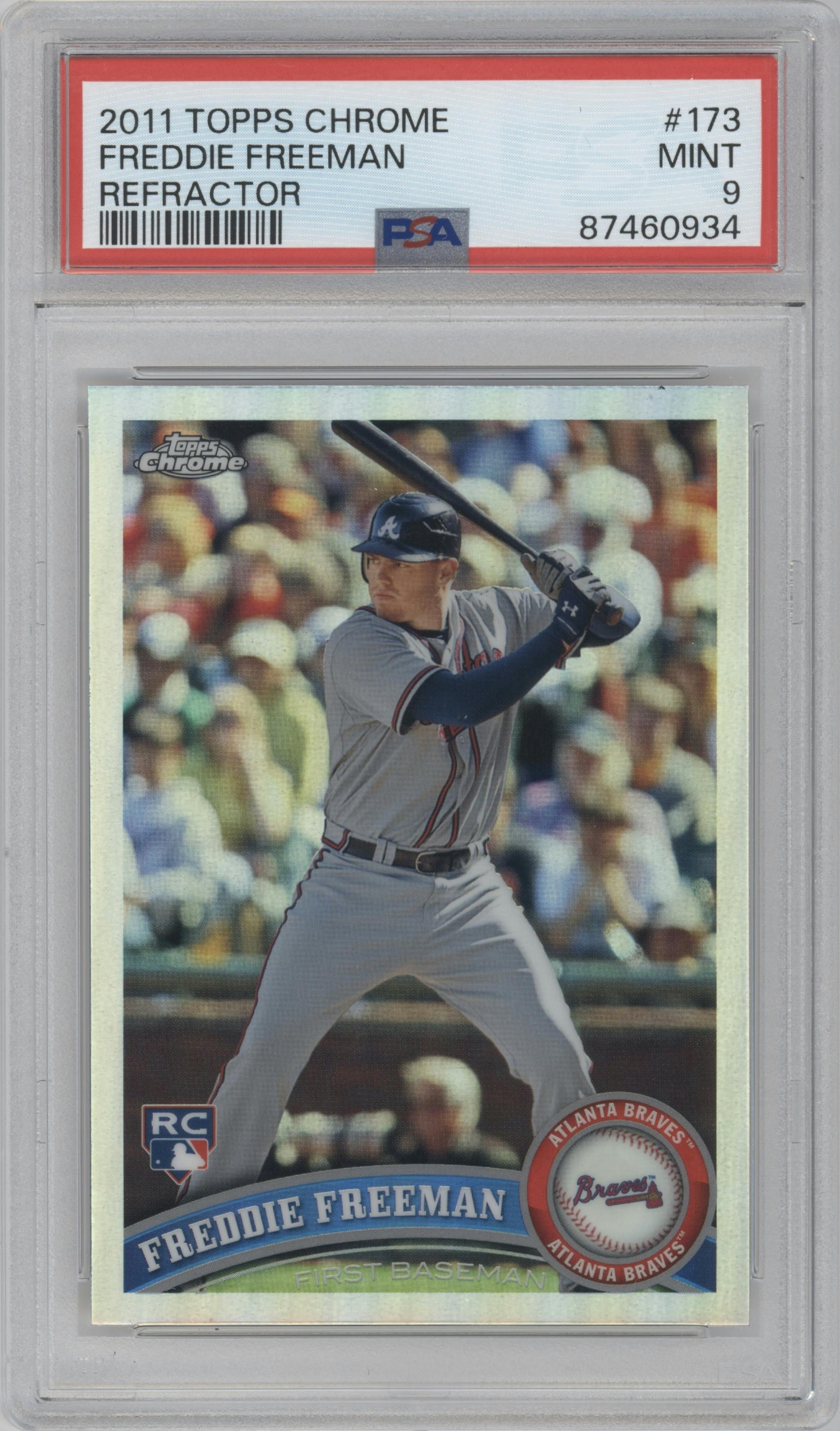 Freddie Freeman from the 2011 Topps Chrome set featuring a Refractor parallel graded by PSA and given an overall grade of 9.
