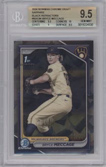 Bryce Meccage from the 2024 Bowman Draft Sapphire Edition set featuring a Black parallel graded by Beckett and given an overall grade of 9.5.