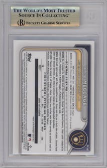 Bryce Meccage from the 2024 Bowman Draft Sapphire Edition set featuring a Black parallel graded by Beckett and given an overall grade of 9.5.