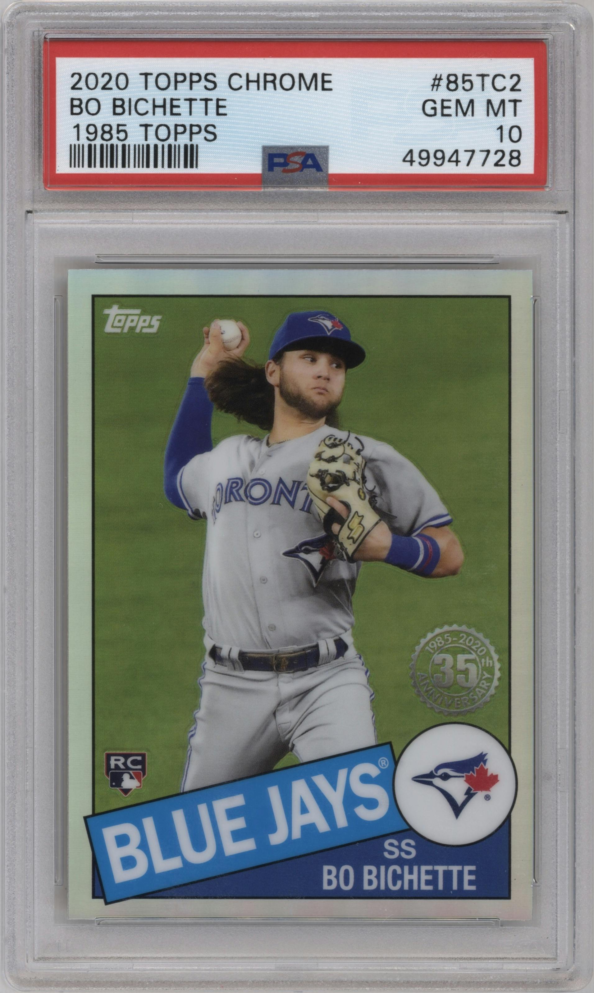 Bo Bichette from the 2020 Topps Chrome set graded by PSA and given an overall grade of 10.