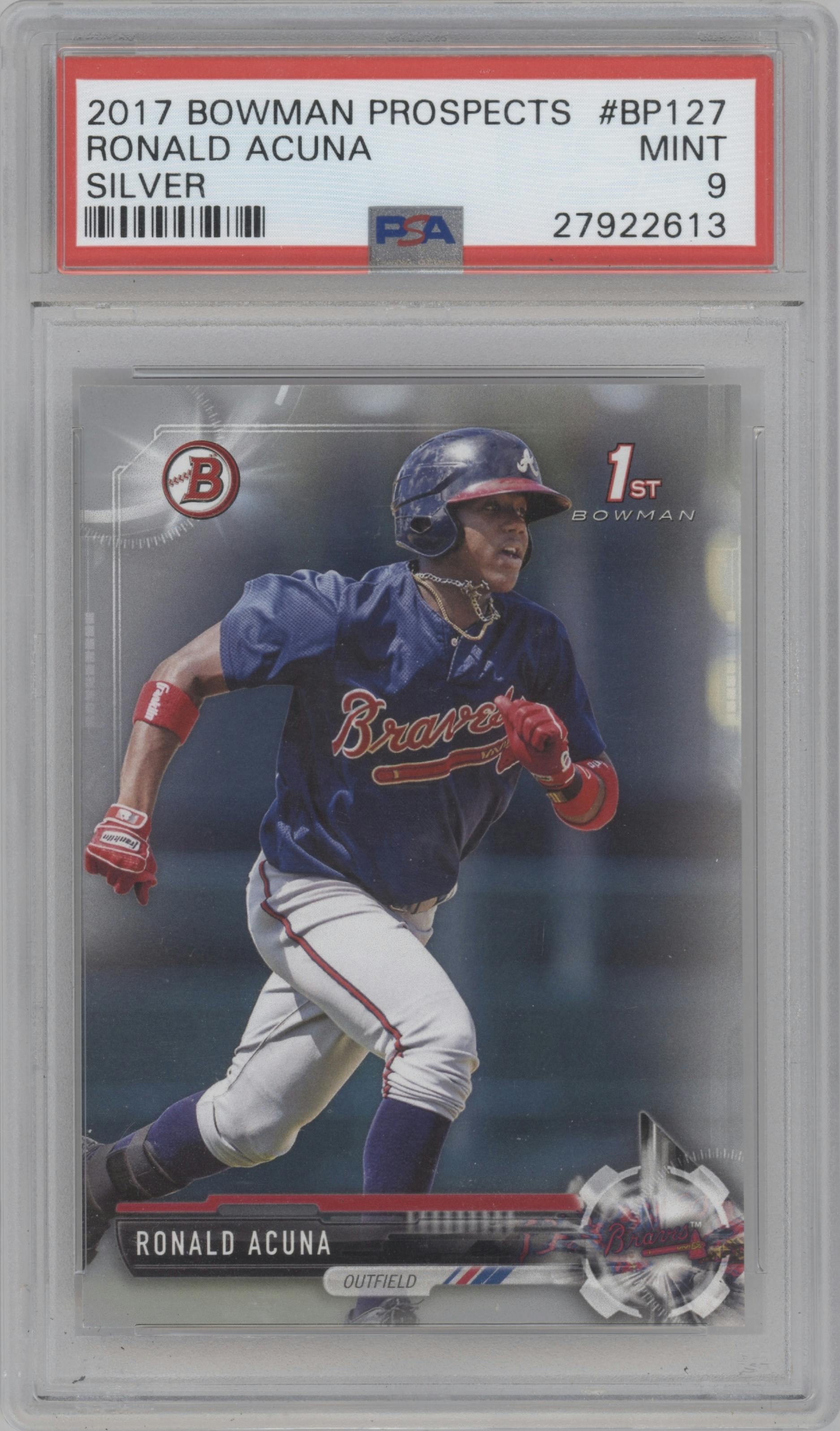 Ronald Acuna from the 2017 Bowman set featuring a Paper Silver parallel graded by PSA and given an overall grade of 9.