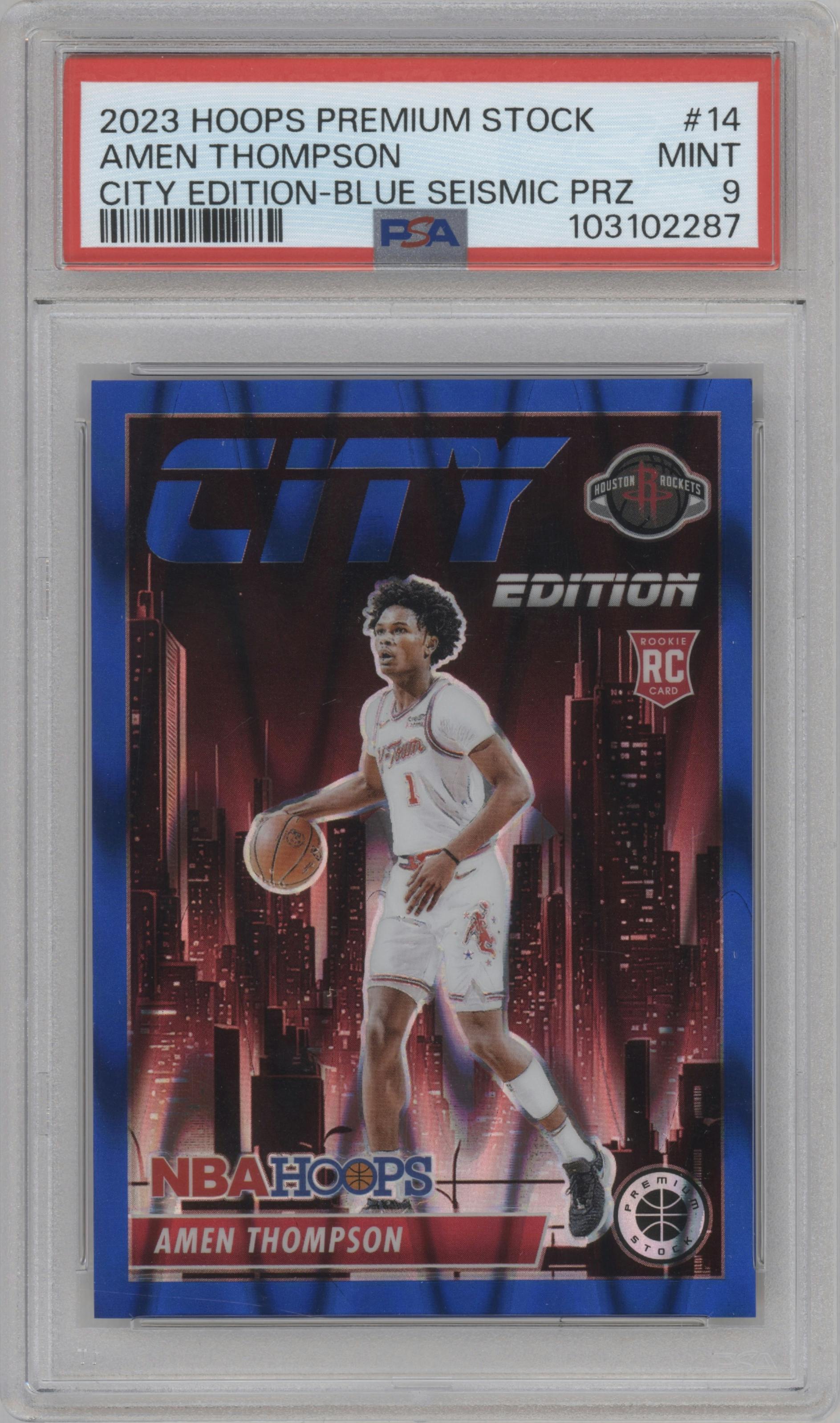 Amen Thompson from the 2023-24 Panini Hoops Premium Stock set featuring a Blue Seismic parallel graded by PSA and given an overall grade of 9.