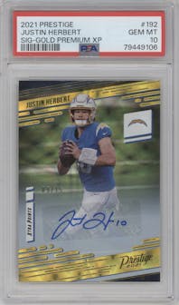 Justin Herbert from the 2021 Panini Prestige set featuring a Gold parallel graded by PSA and given an overall grade of 10.