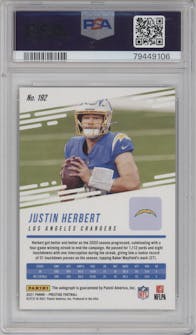 Justin Herbert from the 2021 Panini Prestige set featuring a Gold parallel graded by PSA and given an overall grade of 10.