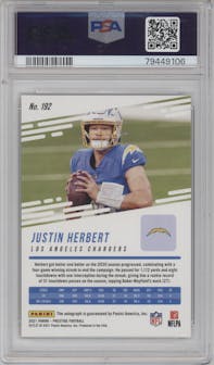 Justin Herbert from the 2021 Panini Prestige set featuring a Gold parallel graded by PSA and given an overall grade of 10.