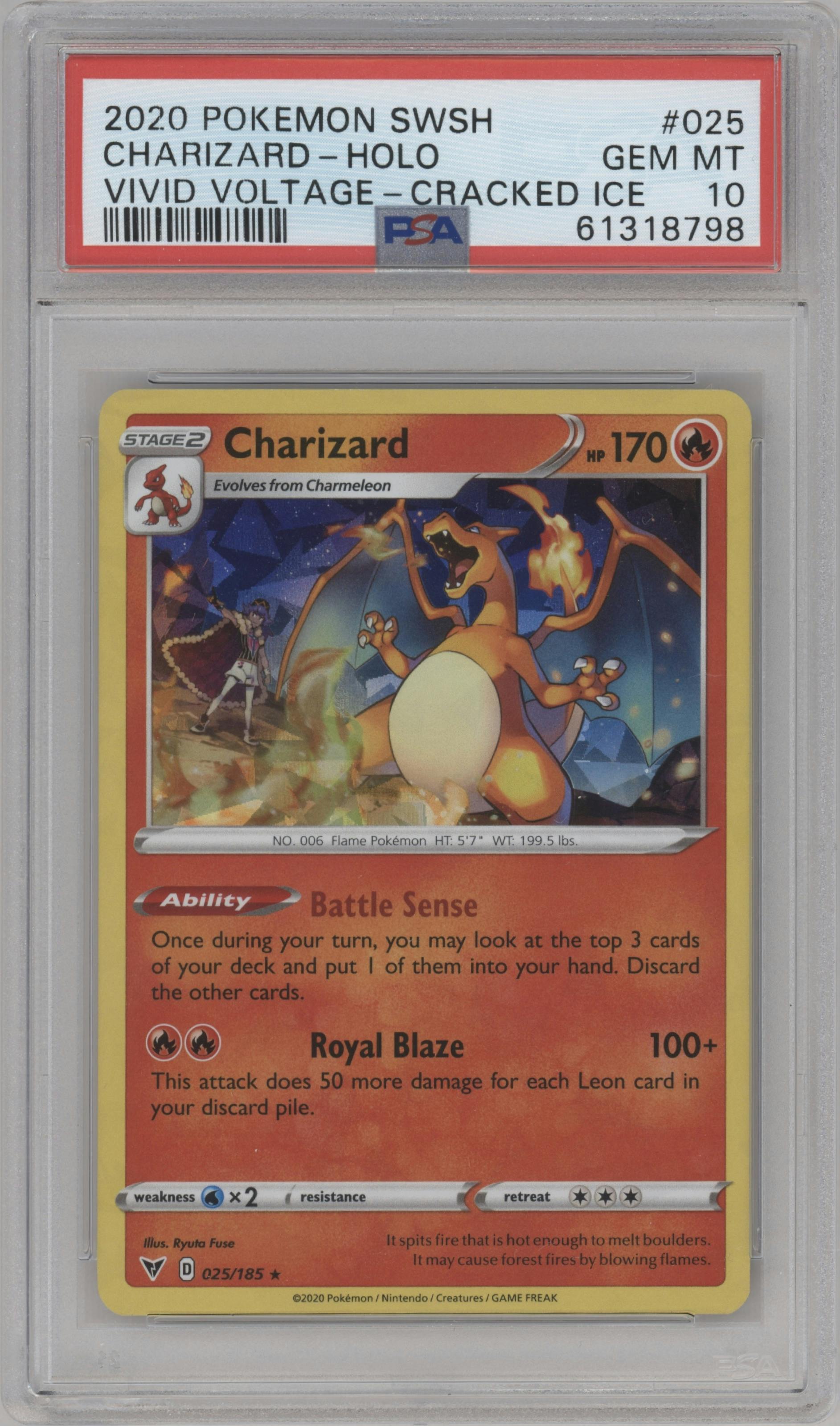 Charizard from the 2020 Pokemon SWSH set graded by PSA and given an overall grade of 10.