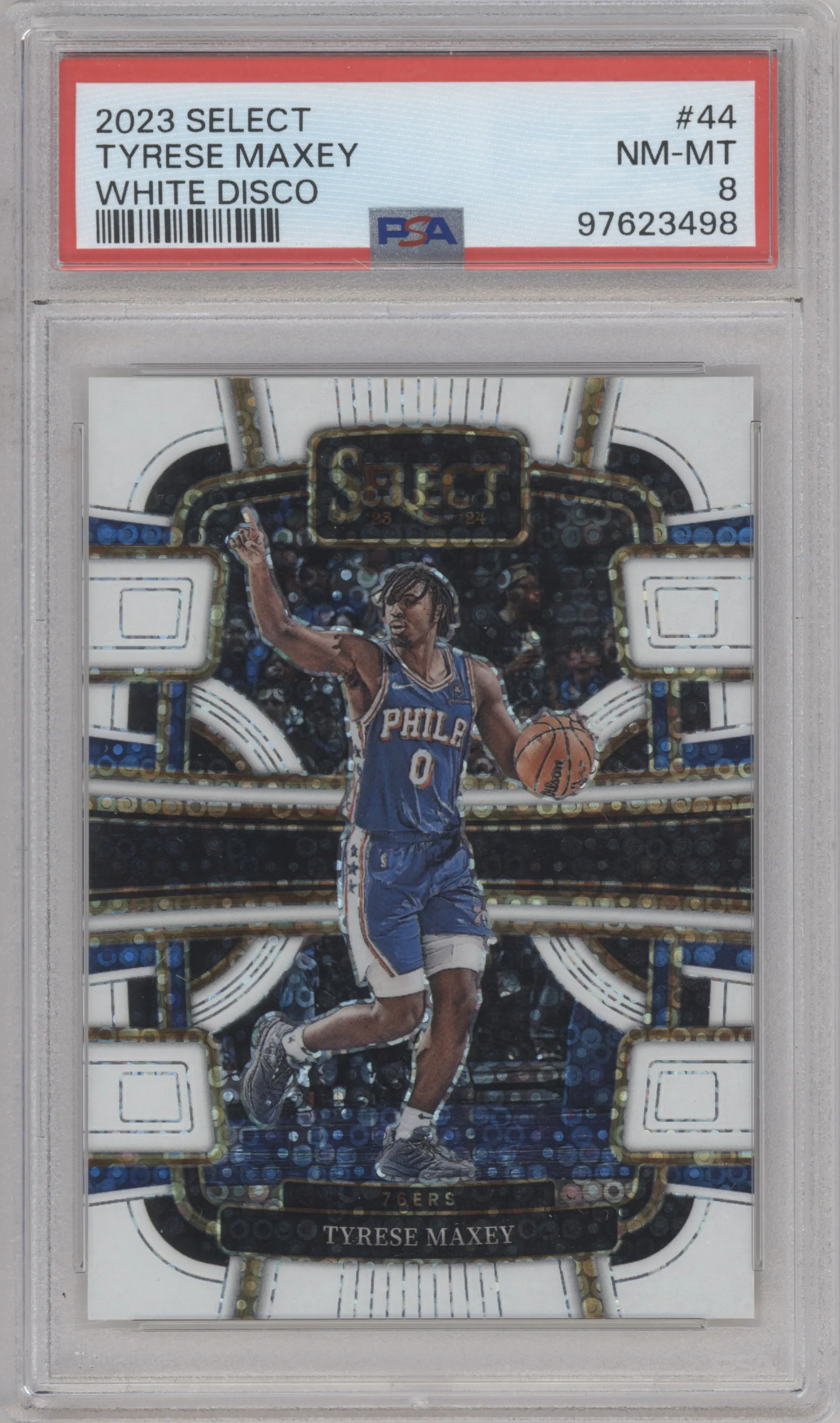 Tyrese Maxey from the 2023-24 Panini Select  set featuring a Disco White parallel graded by PSA and given an overall grade of 8.
