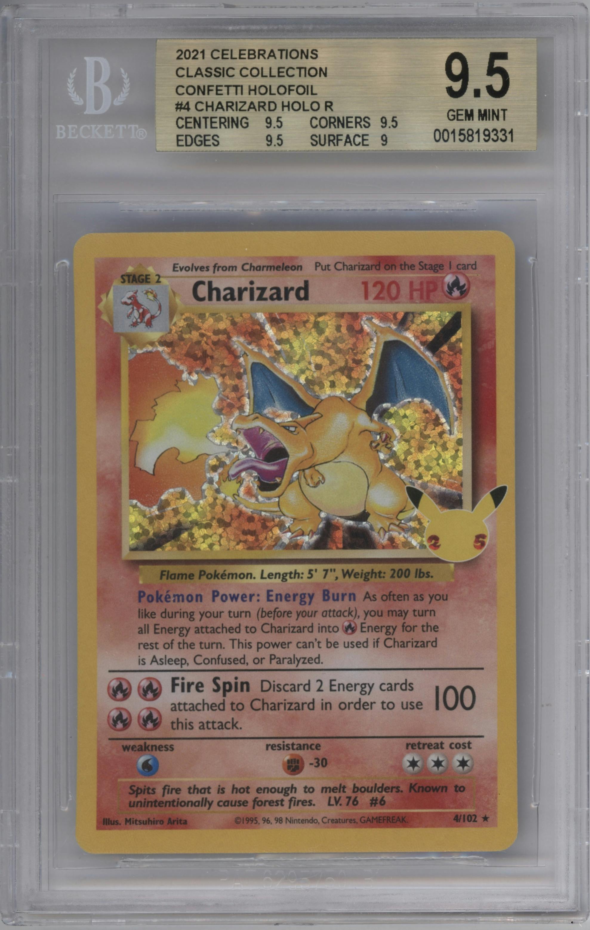 Charizard from the 2021 Pokemon SWSH set featuring a Base Set parallel graded by Beckett and given an overall grade of 9.5.