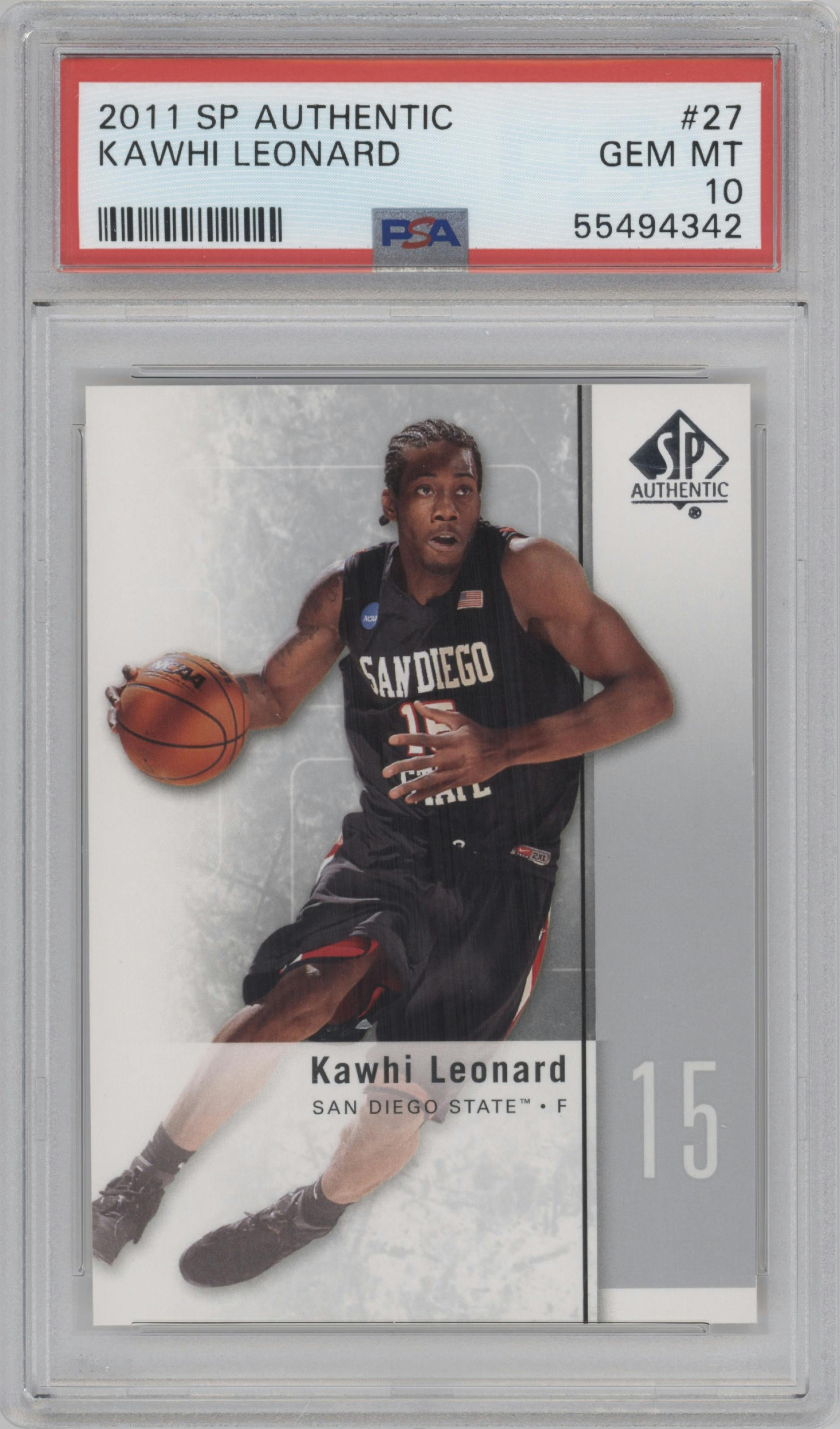 Kawhi Leonard from the 2011-12 SP Authentic set graded by PSA and given an overall grade of 10.