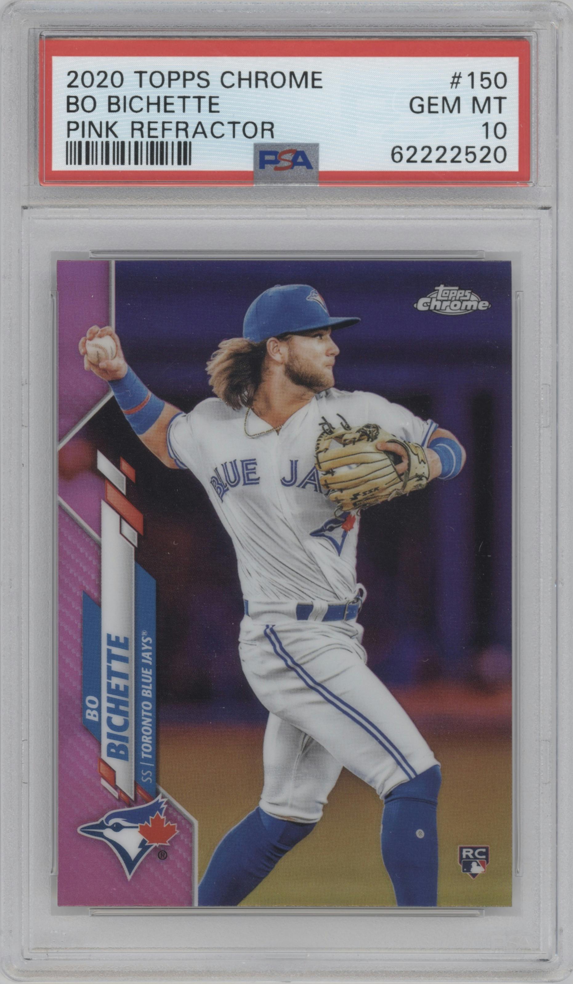 Bo Bichette from the 2020 Topps Chrome set featuring a Pink Refractor parallel graded by PSA and given an overall grade of 10.