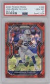 Jonathan Taylor from the 2020 Panini Prizm set featuring a Red Ice Prizm parallel graded by PSA and given an overall grade of 10.