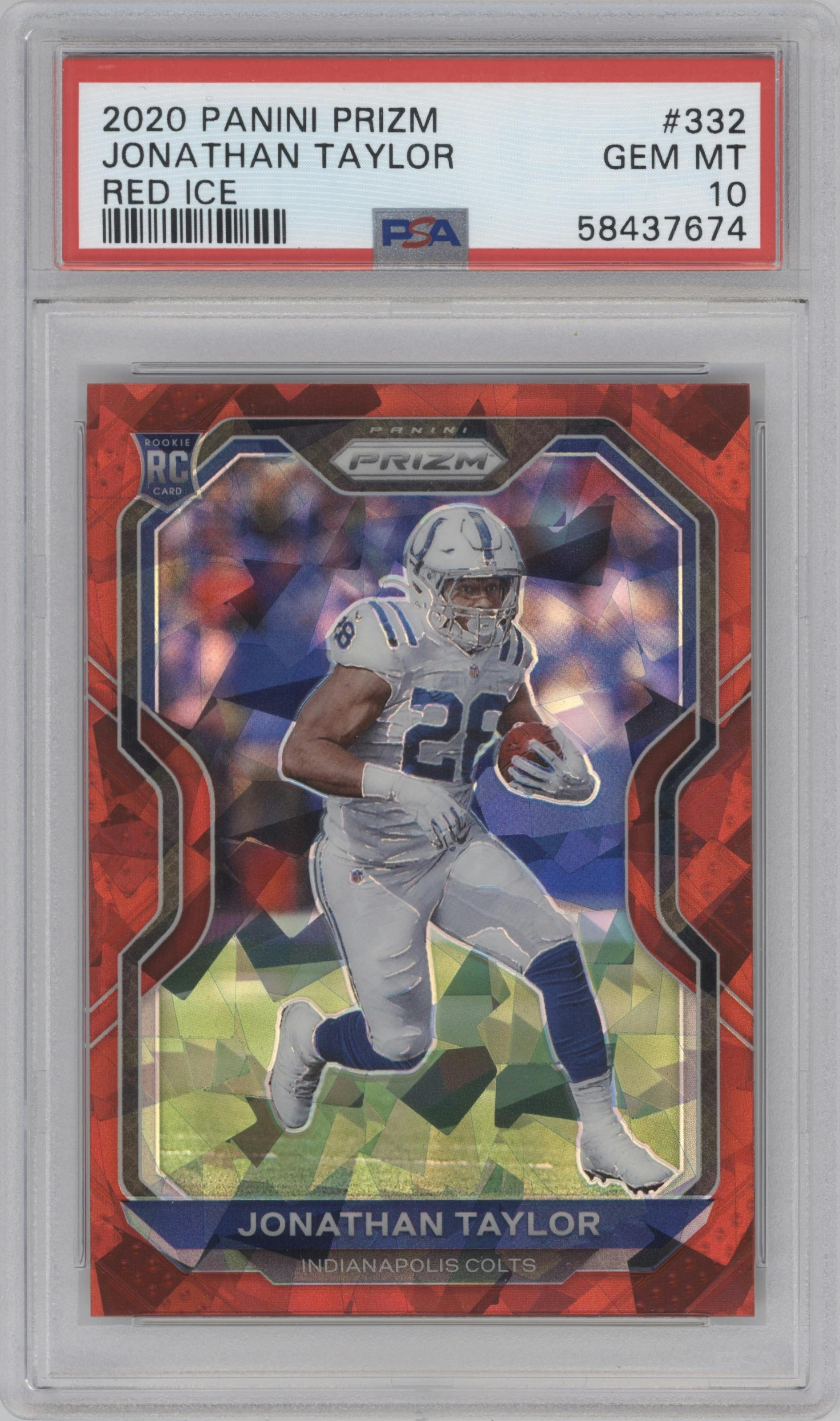 Jonathan Taylor from the 2020 Panini Prizm set featuring a Red Ice Prizm parallel graded by PSA and given an overall grade of 10.