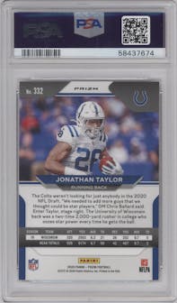Jonathan Taylor from the 2020 Panini Prizm set featuring a Red Ice Prizm parallel graded by PSA and given an overall grade of 10.