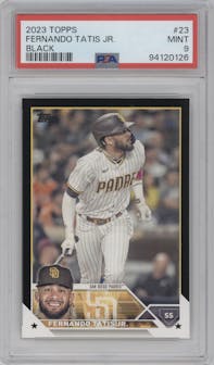 Fernando Tatis Jr. from the 2023 Topps Series 1 set featuring a Black parallel graded by PSA and given an overall grade of 9.