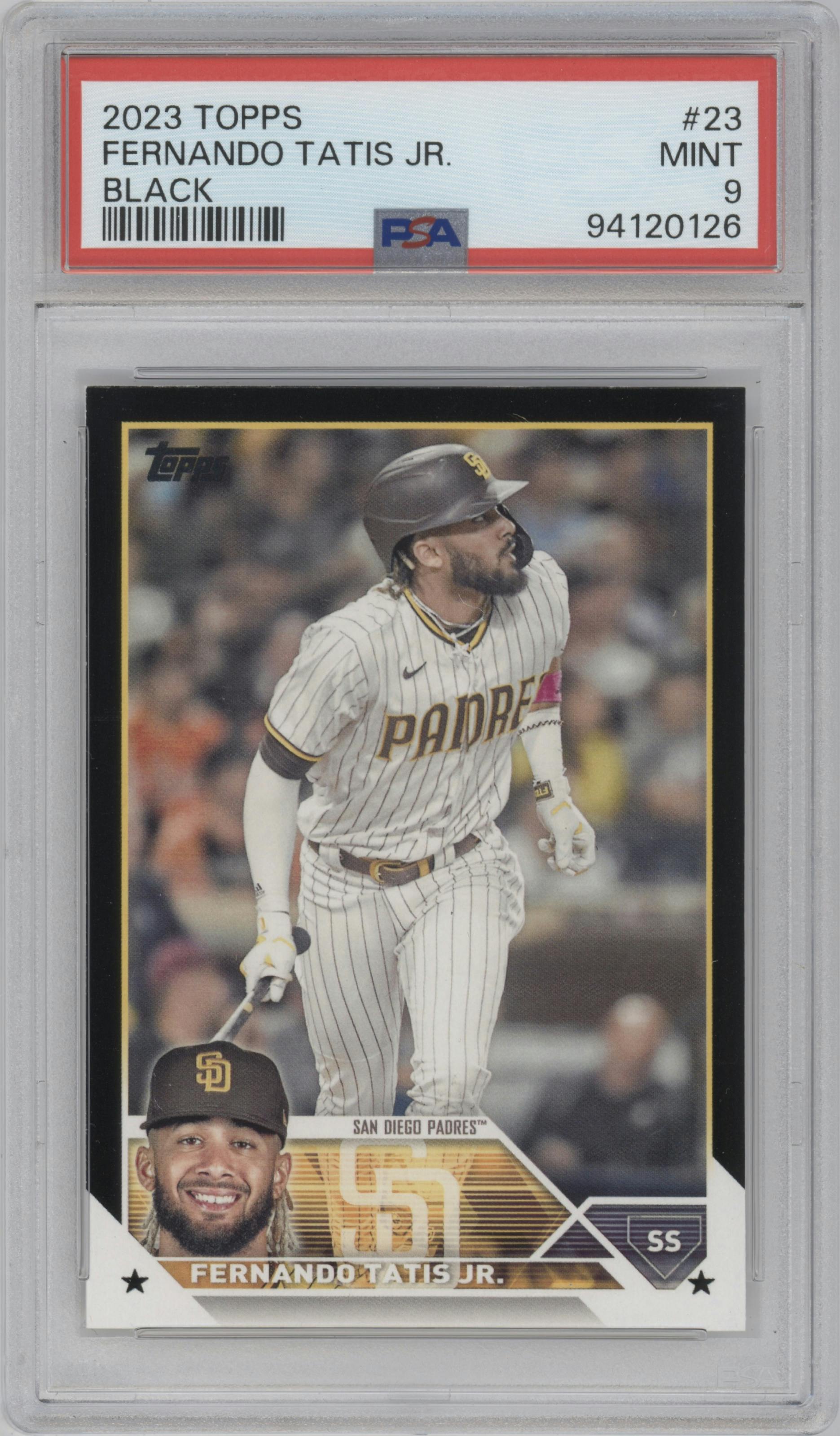 Fernando Tatis Jr. from the 2023 Topps Series 1 set featuring a Black parallel graded by PSA and given an overall grade of 9.