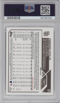 Fernando Tatis Jr. from the 2023 Topps Series 1 set featuring a Black parallel graded by PSA and given an overall grade of 9.