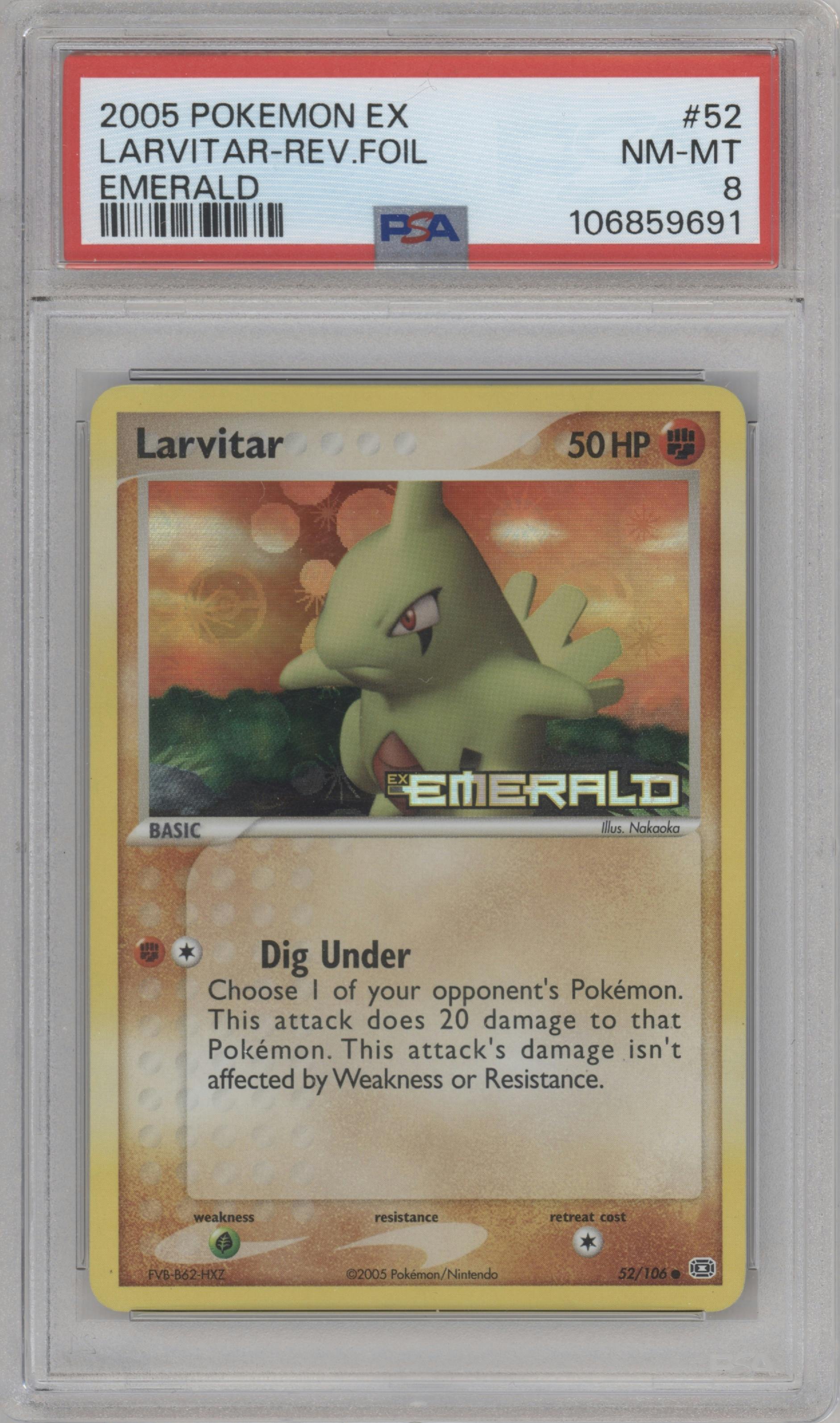 Larvitar from the 2005 Pokemon EX set graded by PSA and given an overall grade of 8.