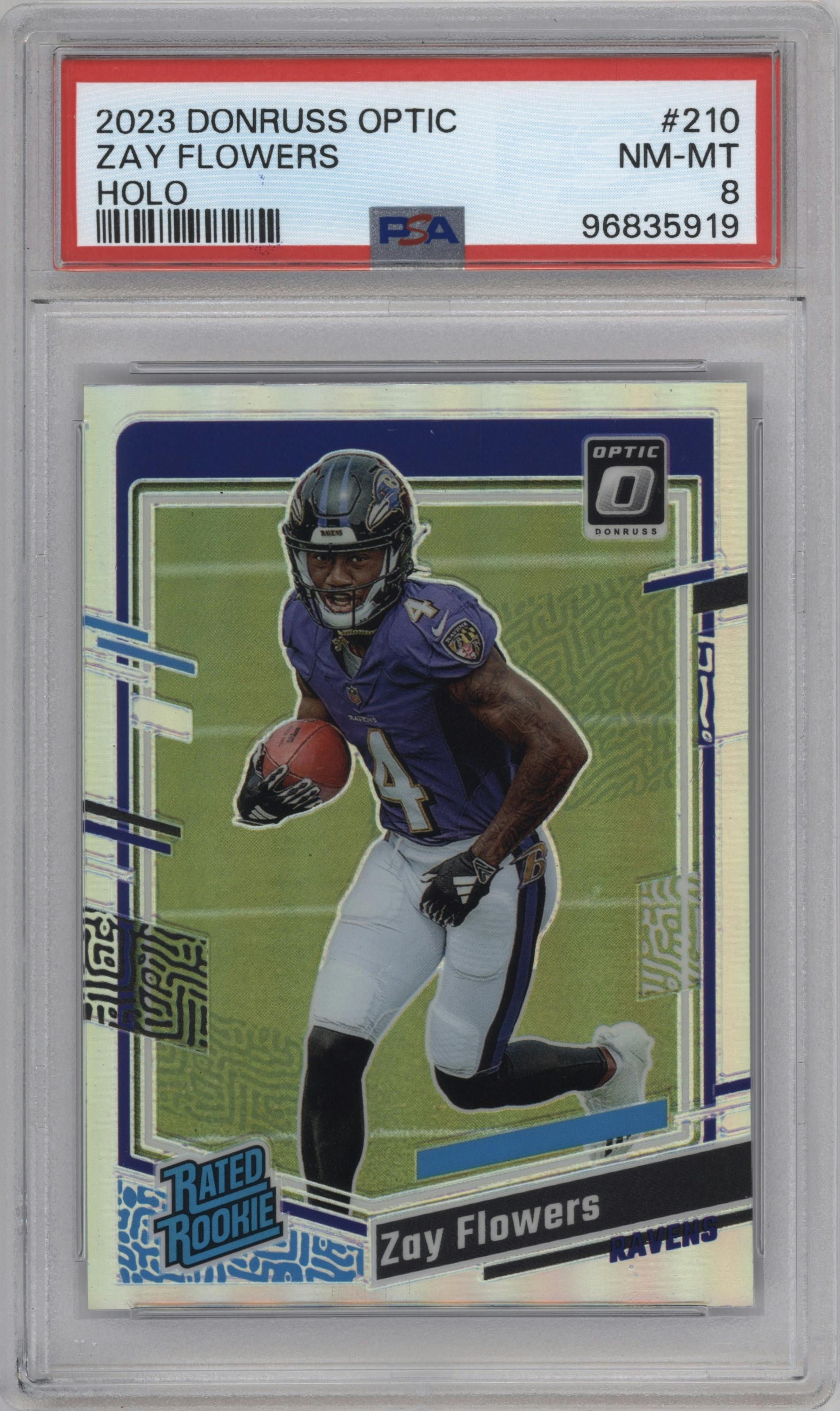 Zay Flowers from the 2023 Donruss Optic set featuring a Holo parallel graded by PSA and given an overall grade of 8.