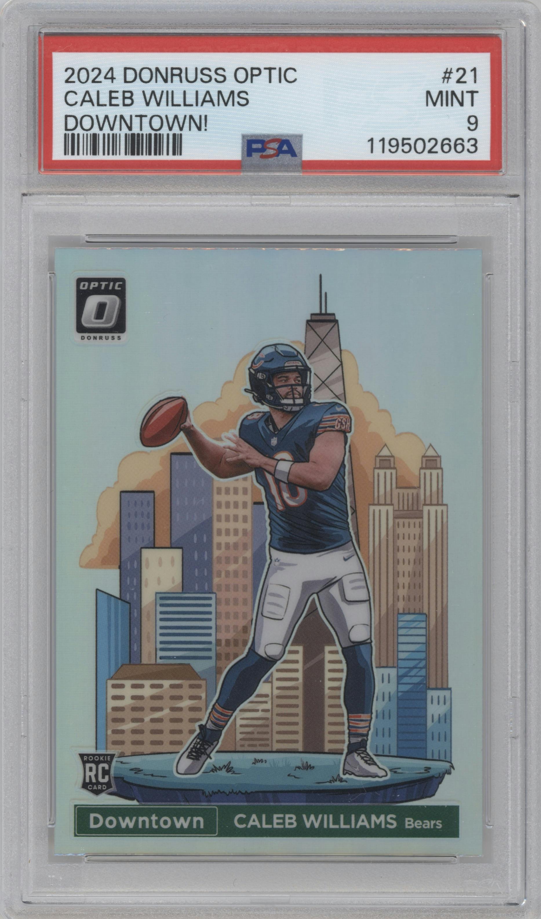 Caleb Williams from the 2024 Donruss Optic set graded by PSA and given an overall grade of 9.