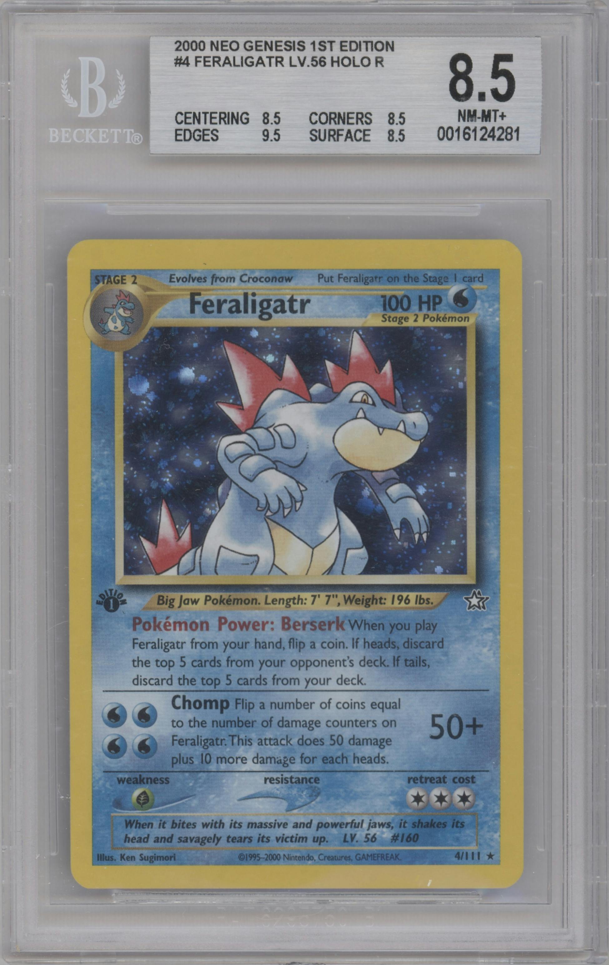 Feraligatr from the 2000 Pokemon Neo Genesis set graded by Beckett and given an overall grade of 8.5.
