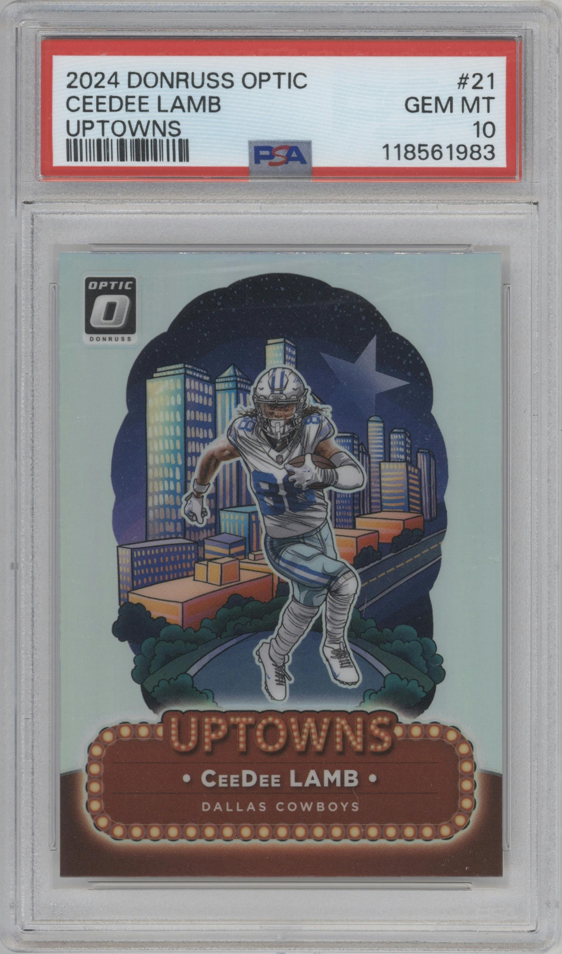 CeeDee Lamb from the 2024 Donruss Optic set graded by PSA and given an overall grade of 10.