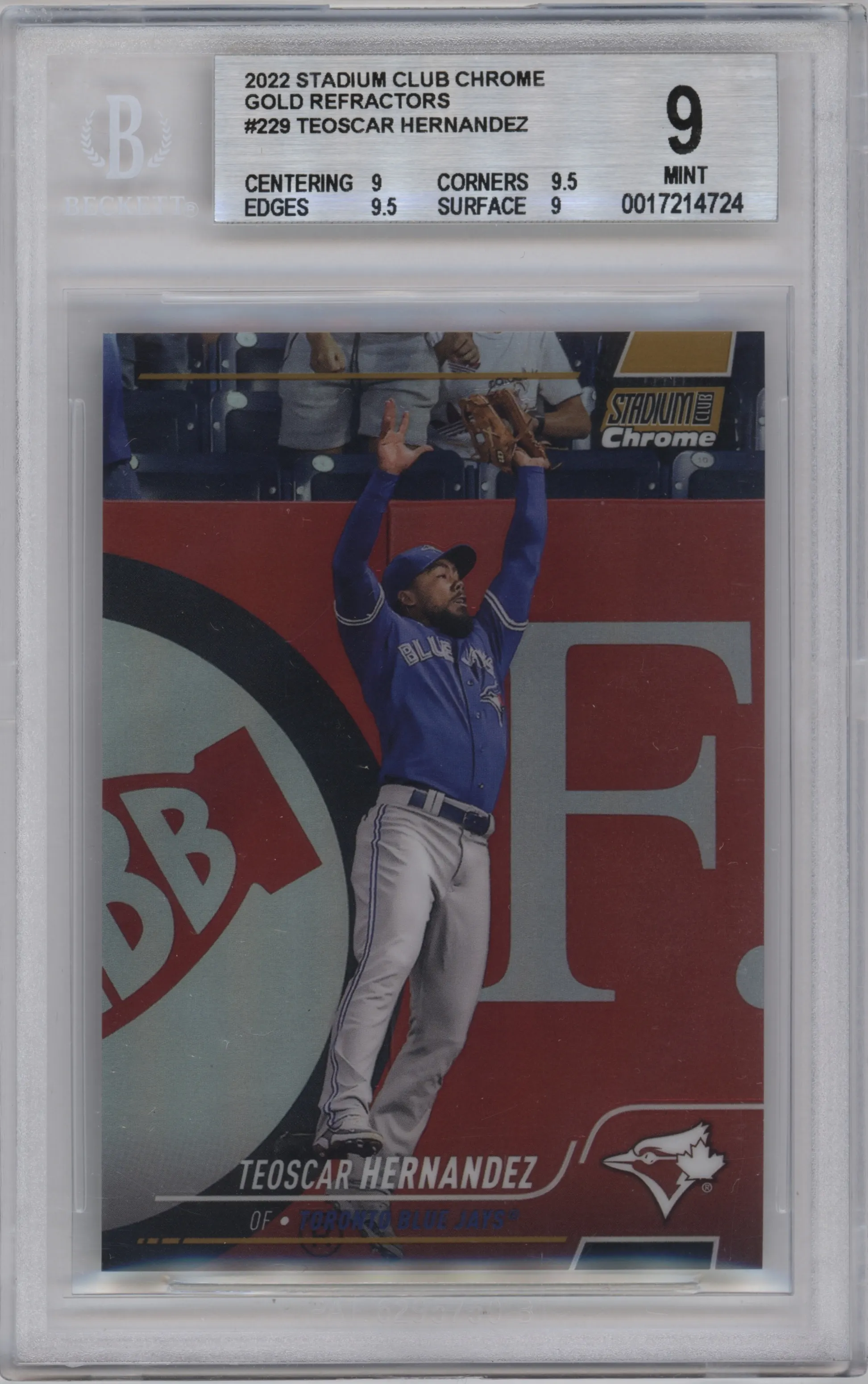 2022 Stadium Club Chrome Teoscar Hernandez Gold Refractor BGS 9
