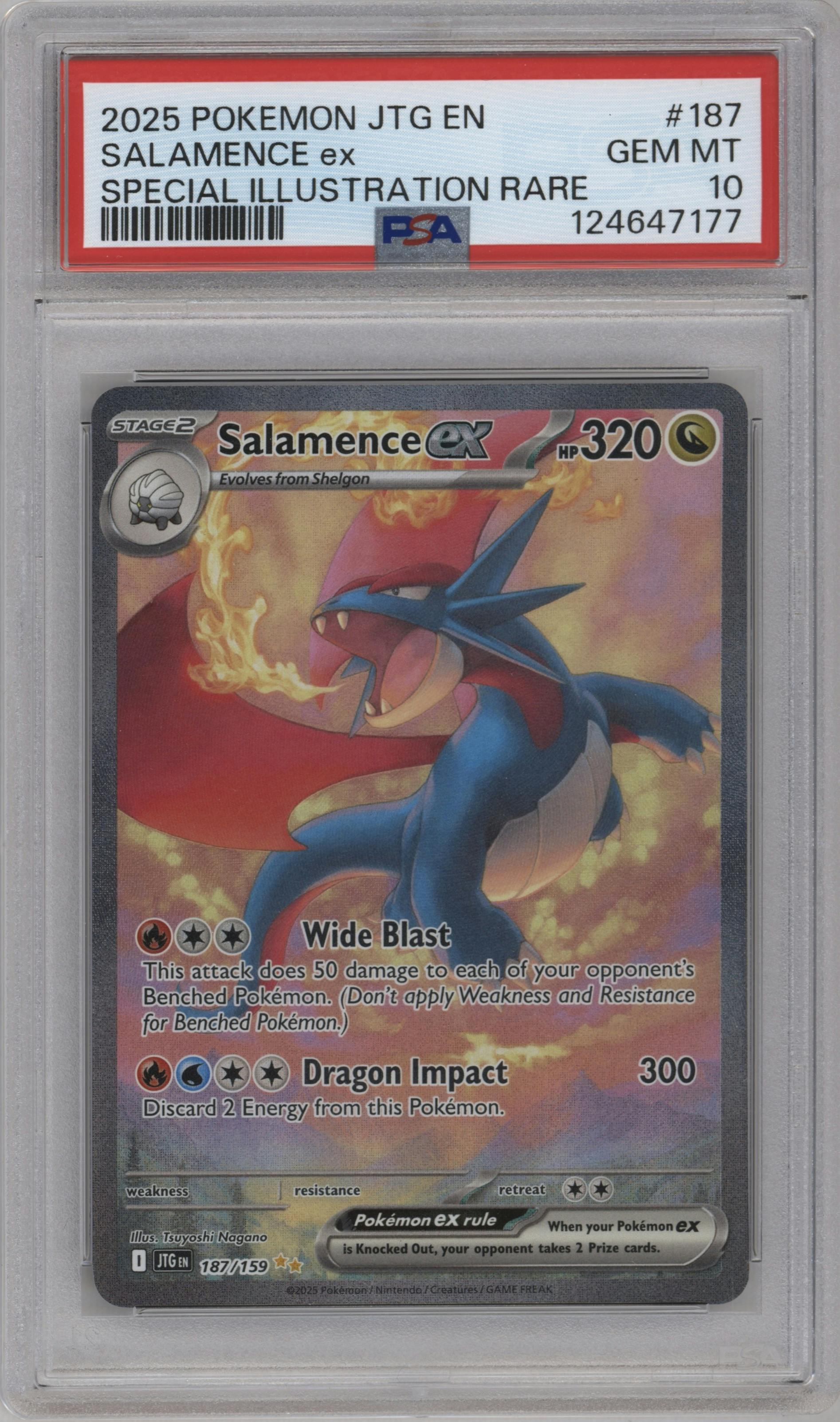 Salamence ex from the 2025 Pokemon SV set graded by PSA and given an overall grade of 10.