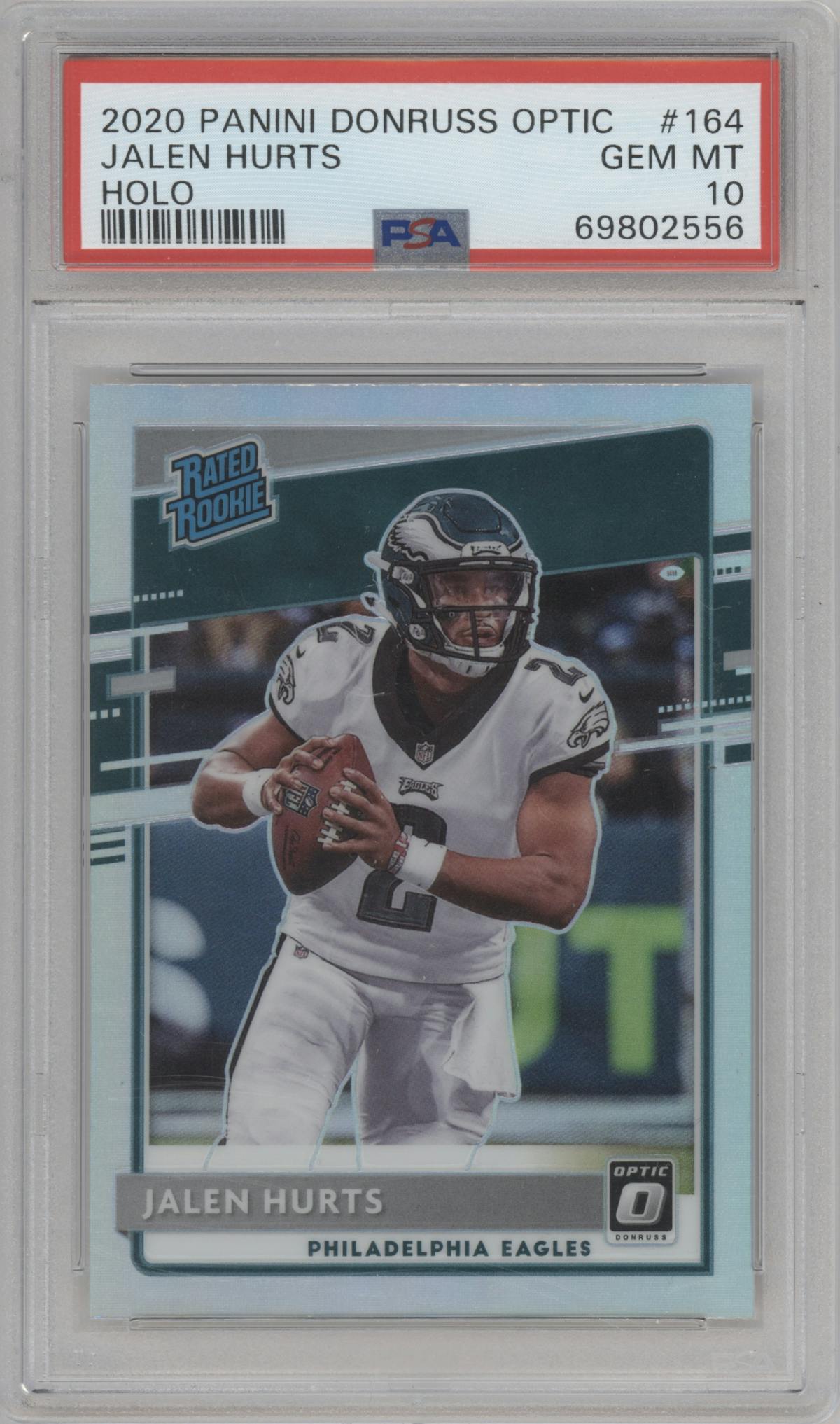 Jalen Hurts from the 2020 Panini Donruss Optic set featuring a Holo parallel graded by PSA and given an overall grade of 10.
