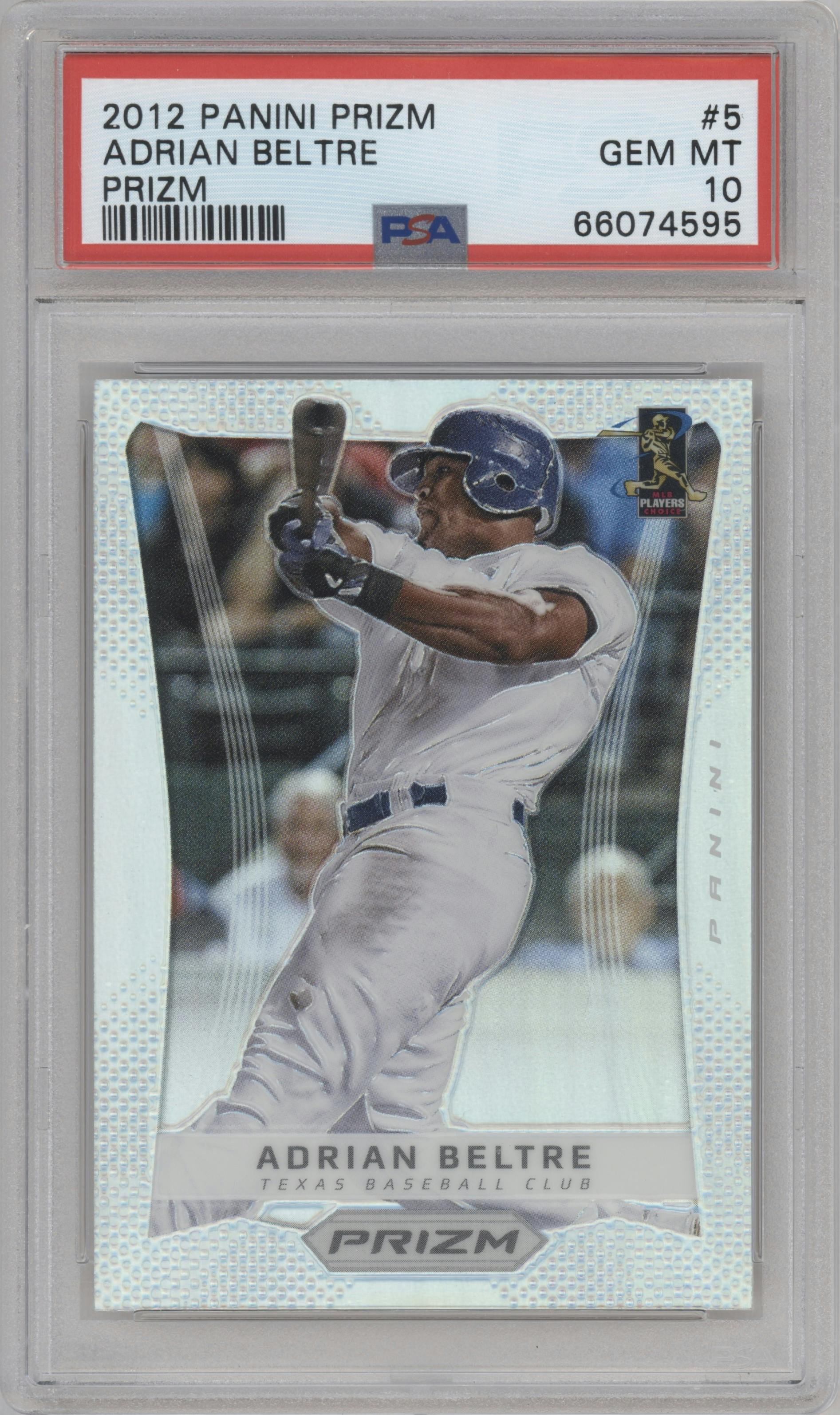 Adrian Beltre from the 2012 Panini Prizm set featuring a Prizm parallel graded by PSA and given an overall grade of 10.