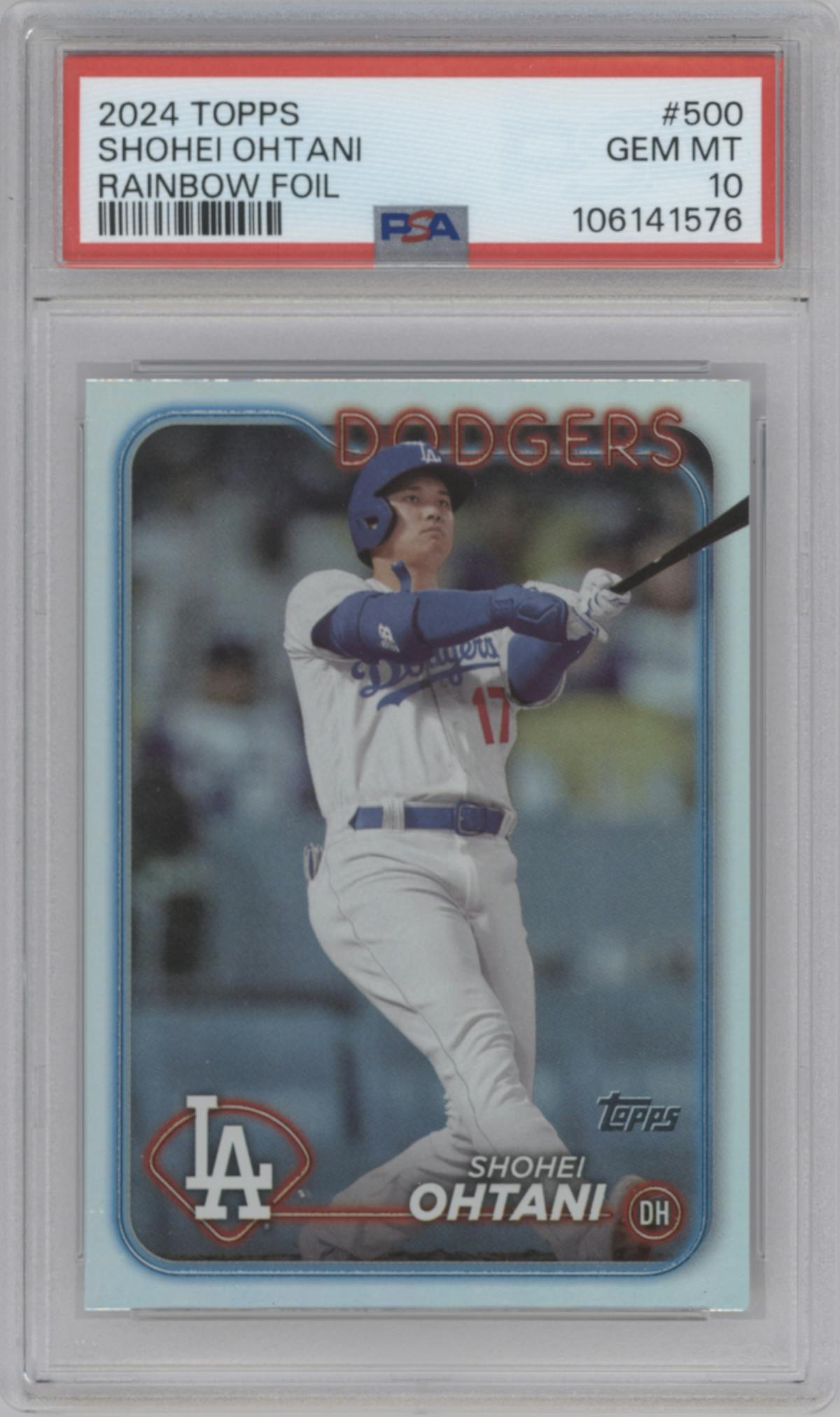 Shohei Ohtani from the 2024 Topps  set featuring a Rainbow Foil parallel graded by PSA and given an overall grade of 10.