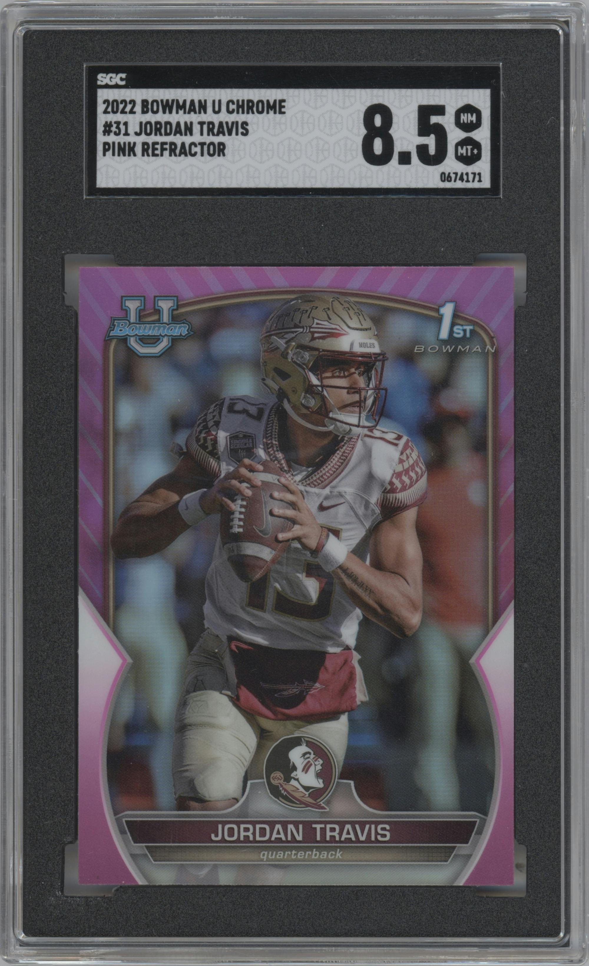 Jordan Travis from the 2022 Bowman University Chrome set featuring a Pink Refractor parallel graded by SGC and given an overall grade of 8.5.