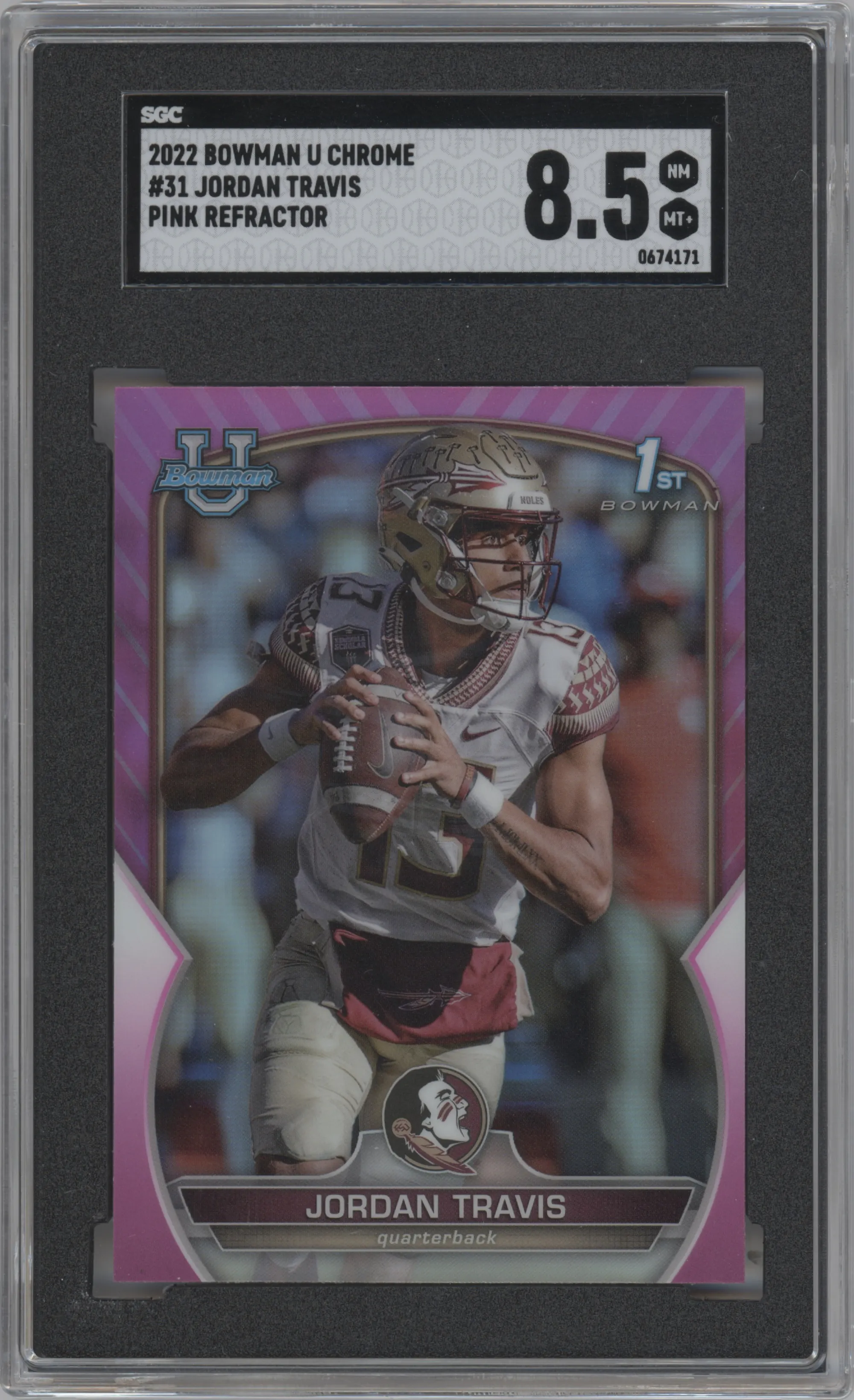 2022 Bowman University Chrome Jordan Travis Pink Refractor SGC 8.5