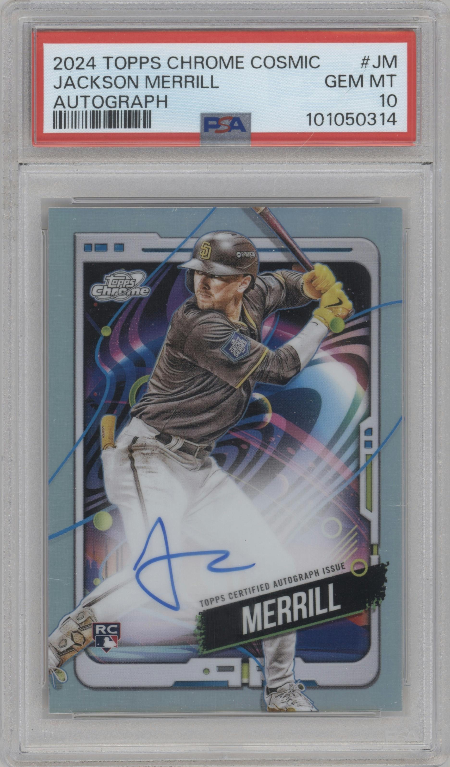 Jackson Merrill from the 2024 Topps Cosmic Chrome set graded by PSA and given an overall grade of 10.