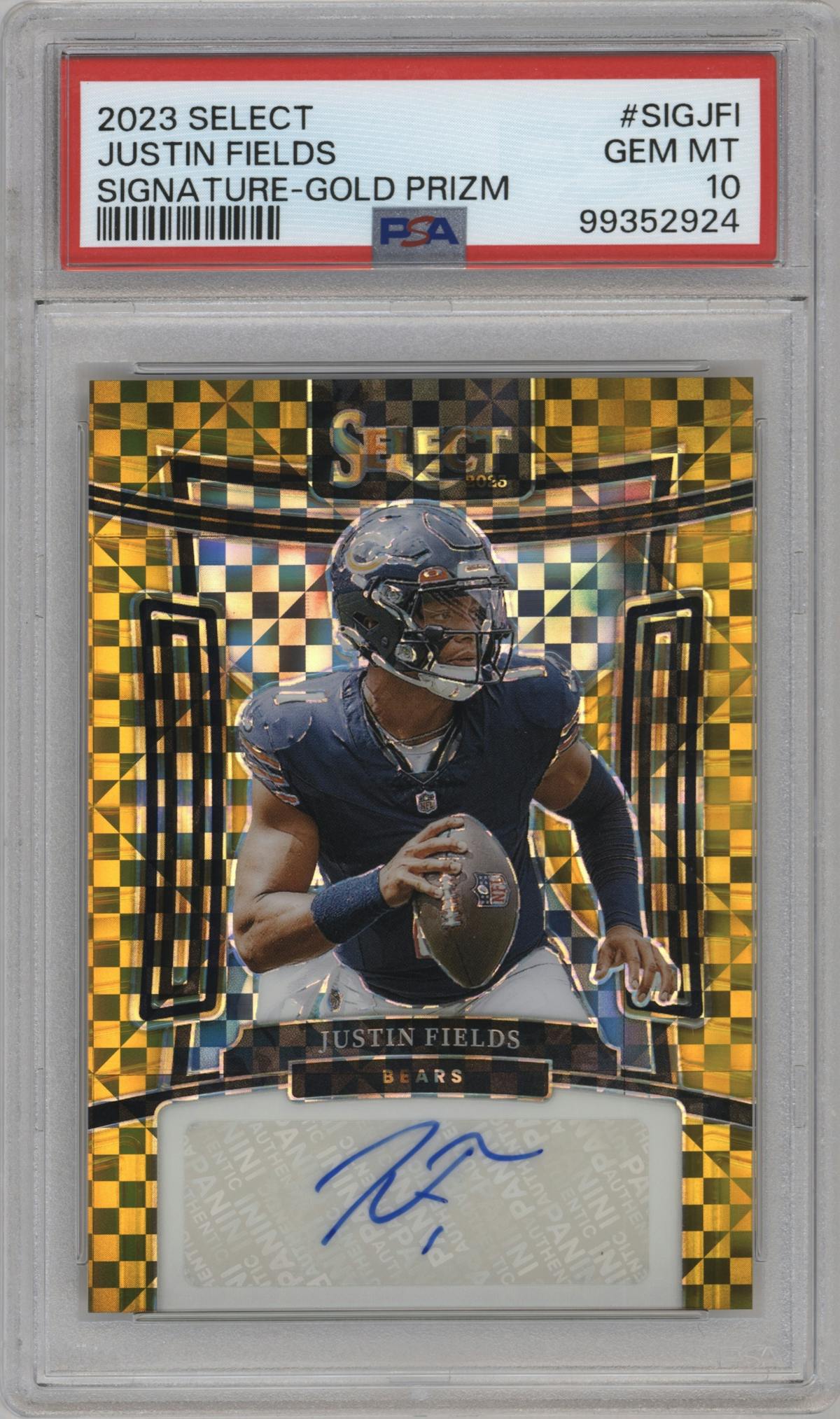 Justin Fields from the 2023 Panini Select set featuring a Gold Prizm parallel graded by PSA and given an overall grade of 10.