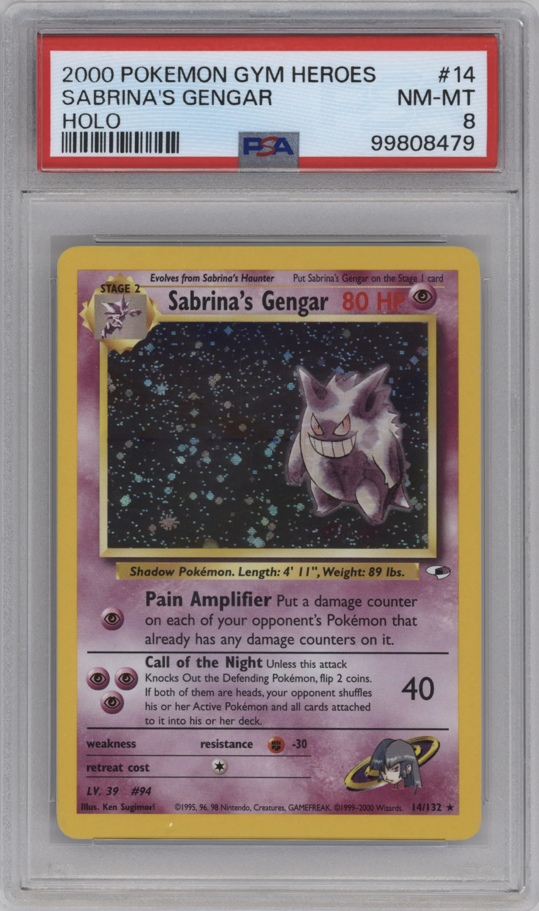 Sabrina's Gengar from the 2000 Pokemon GH set graded by PSA and given an overall grade of 8.