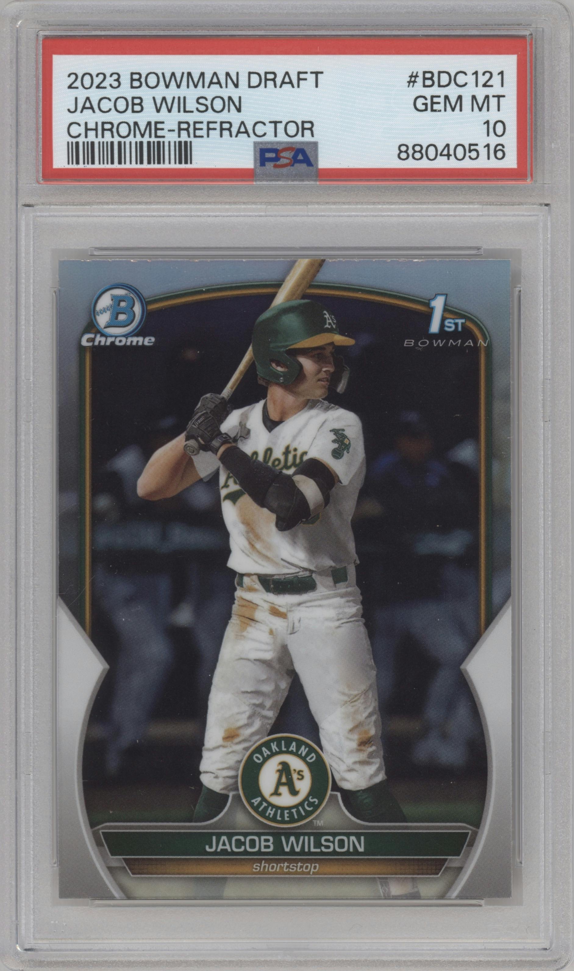Jacob Wilson from the 2023 Bowman Draft set featuring a Refractor parallel graded by PSA and given an overall grade of 10.