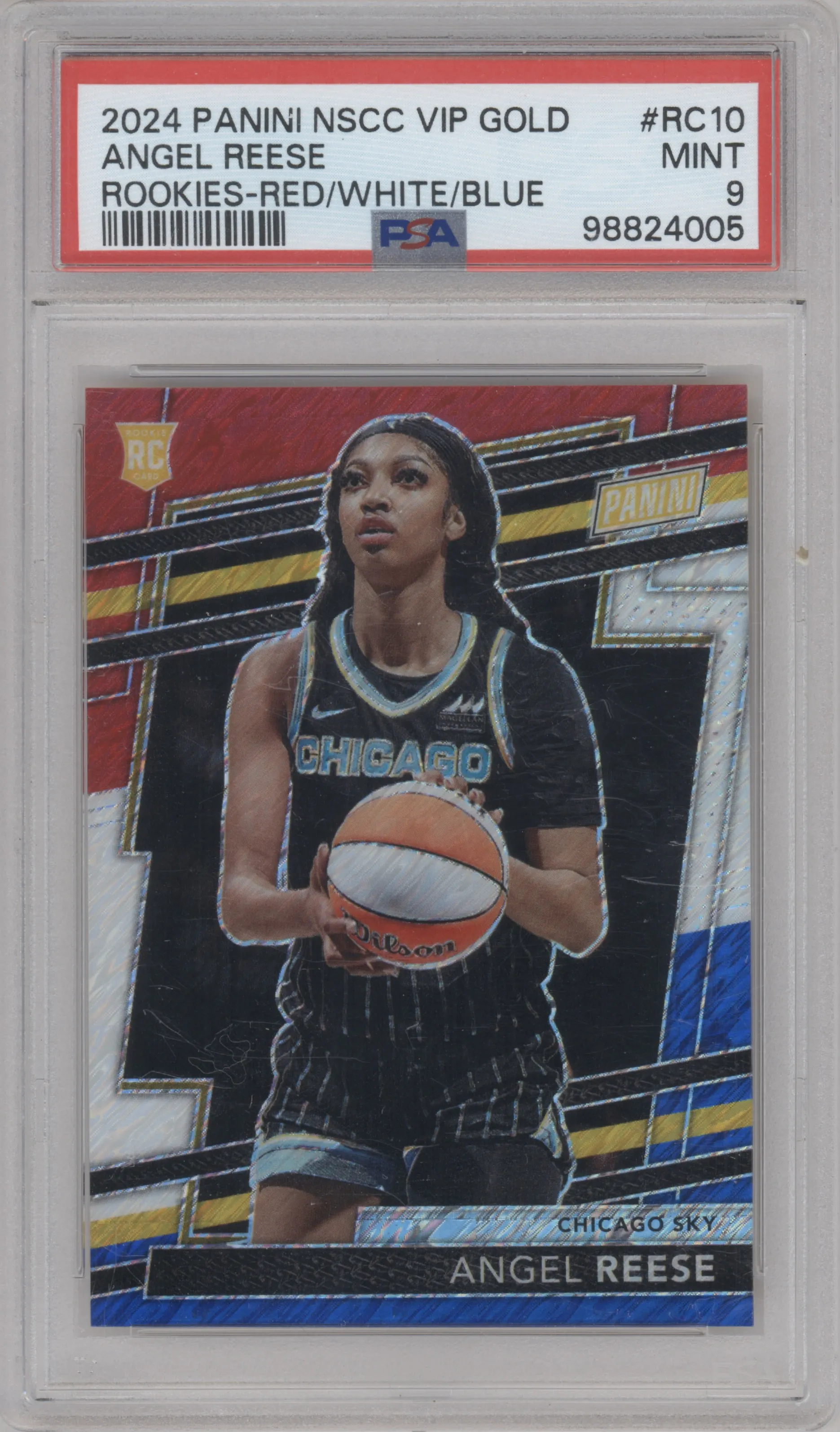 Angel Reese from the 2024 Panini The National VIP set featuring a Red/White/Blue parallel graded by PSA and given an overall grade of 9.