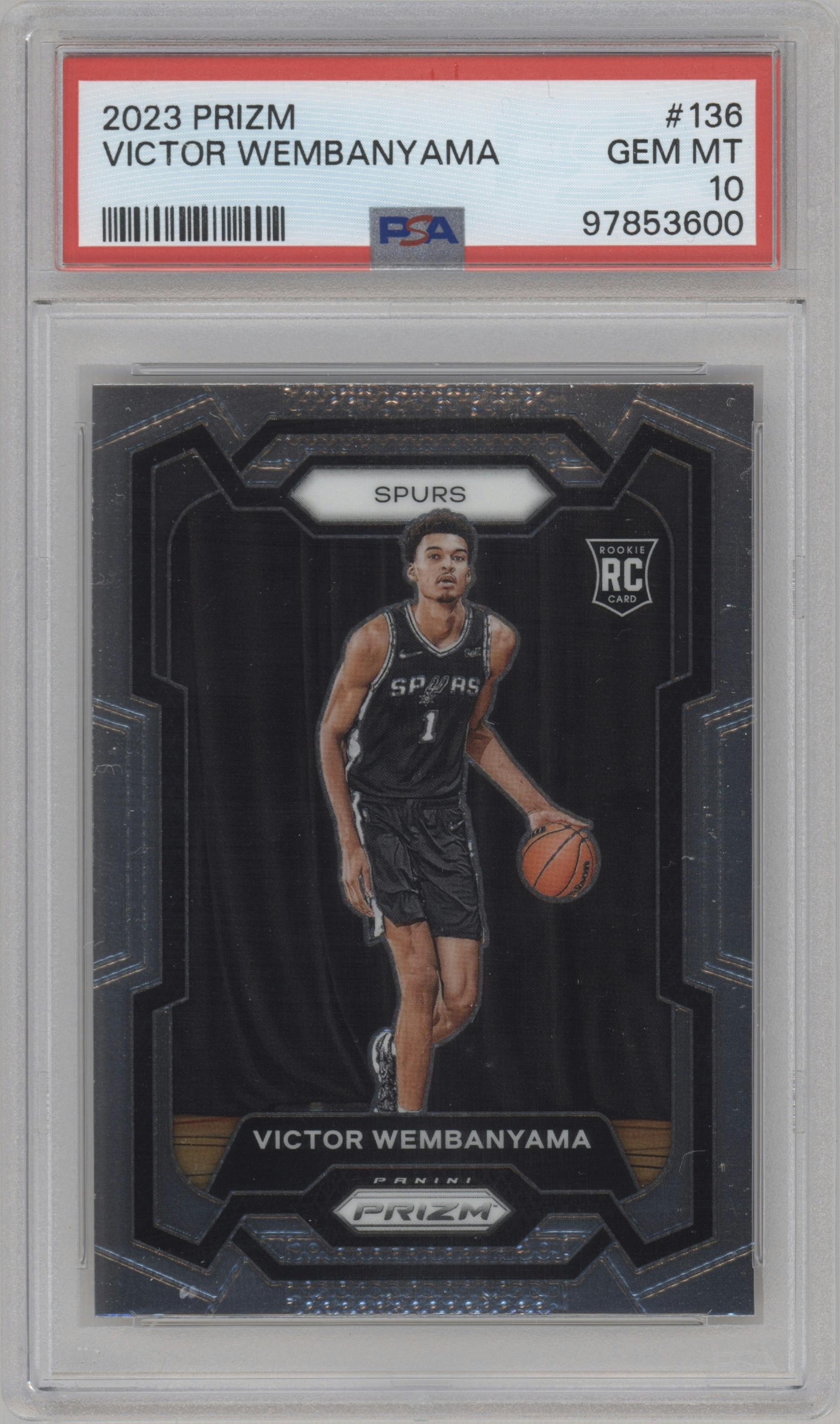 Victor Wembanyama from the 2023-24 Panini Prizm set graded by PSA and given an overall grade of 10.