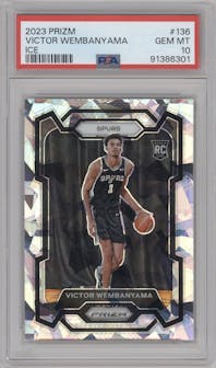 Victor Wembanyama from the 2023-24 Panini Prizm set featuring a Ice Prizm parallel graded by PSA and given an overall grade of 10.