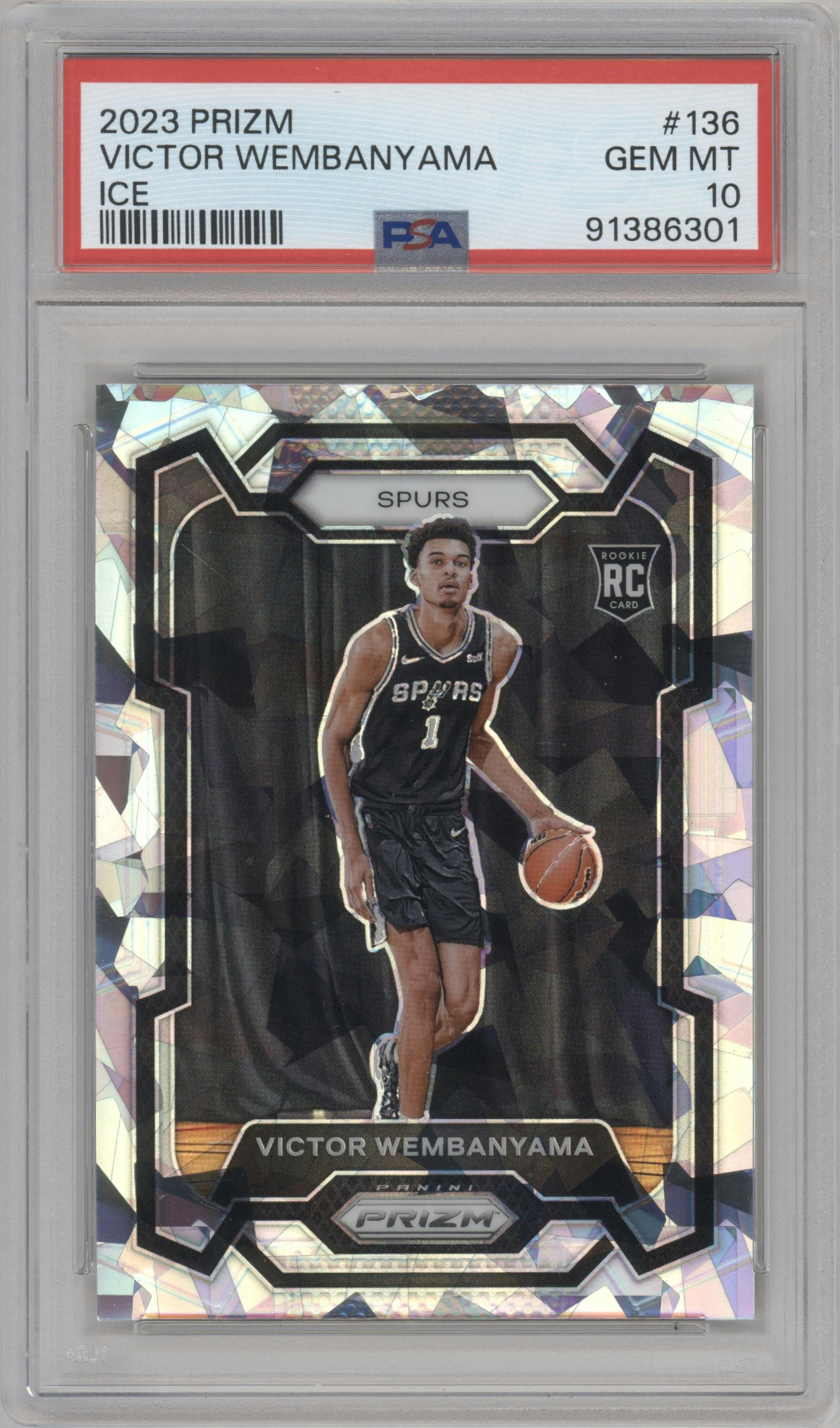 Victor Wembanyama from the 2023-24 Panini Prizm set featuring a Ice Prizm parallel graded by PSA and given an overall grade of 10.