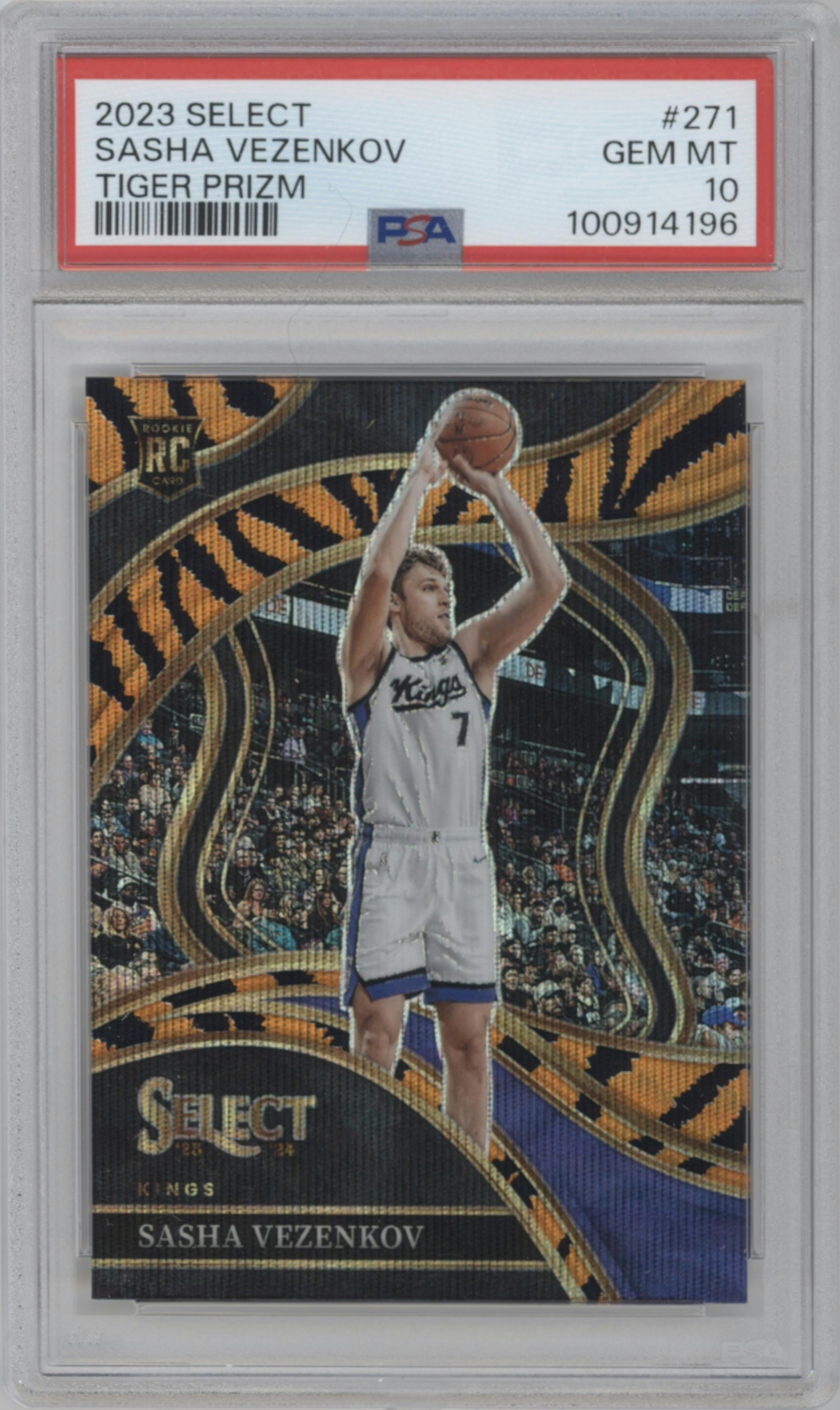 Sasha Vezenkov from the 2023-24 Panini Select  set featuring a Tiger parallel graded by PSA and given an overall grade of 10.