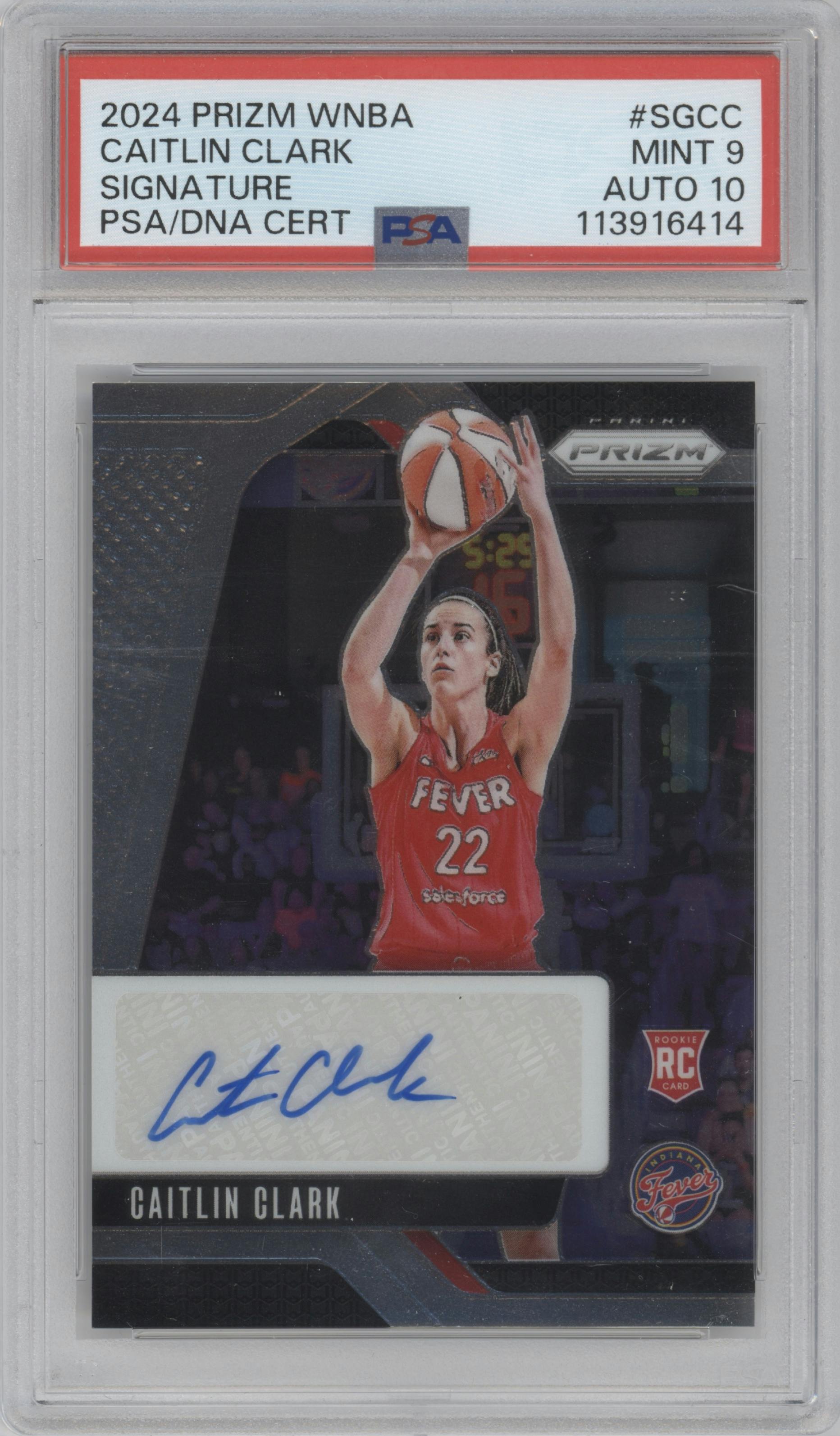 Caitlin Clark from the 2024 Panini Prizm WNBA set graded by PSA and given an overall grade of 9.