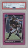 Justin Fields from the 2021 Panini Donruss Optic set featuring a Pink parallel graded by PSA and given an overall grade of 10.