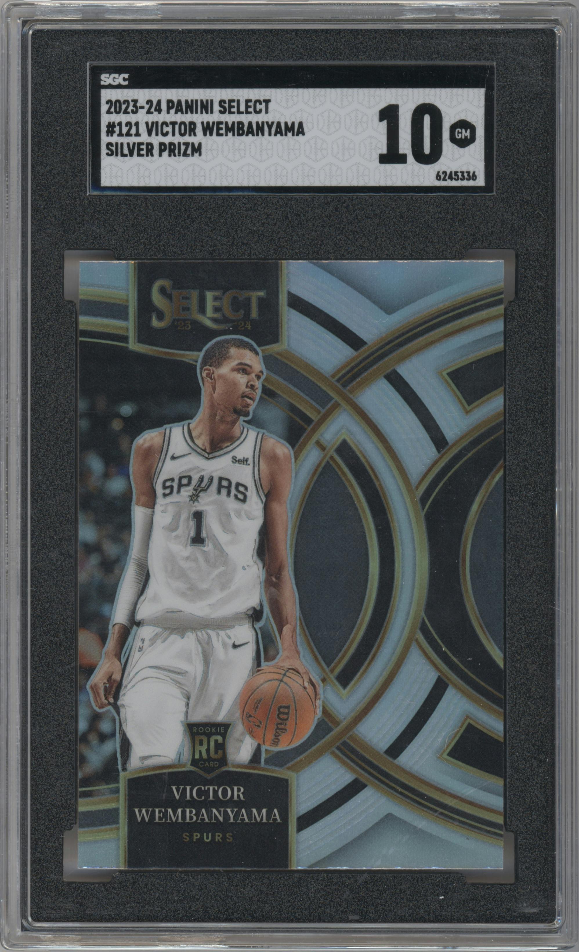 Victor Wembanyama from the 2023-24 Panini Select  set featuring a Silver Prizm parallel graded by SGC and given an overall grade of 10.
